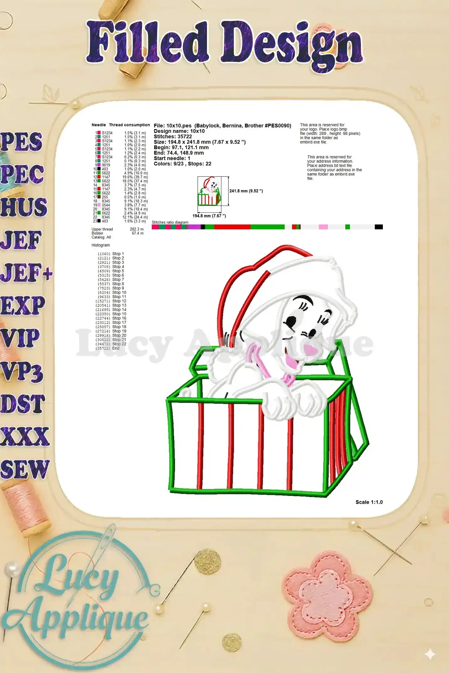 Detailed information about the filled design including thread consumption, stitch diagram, and size specifications.