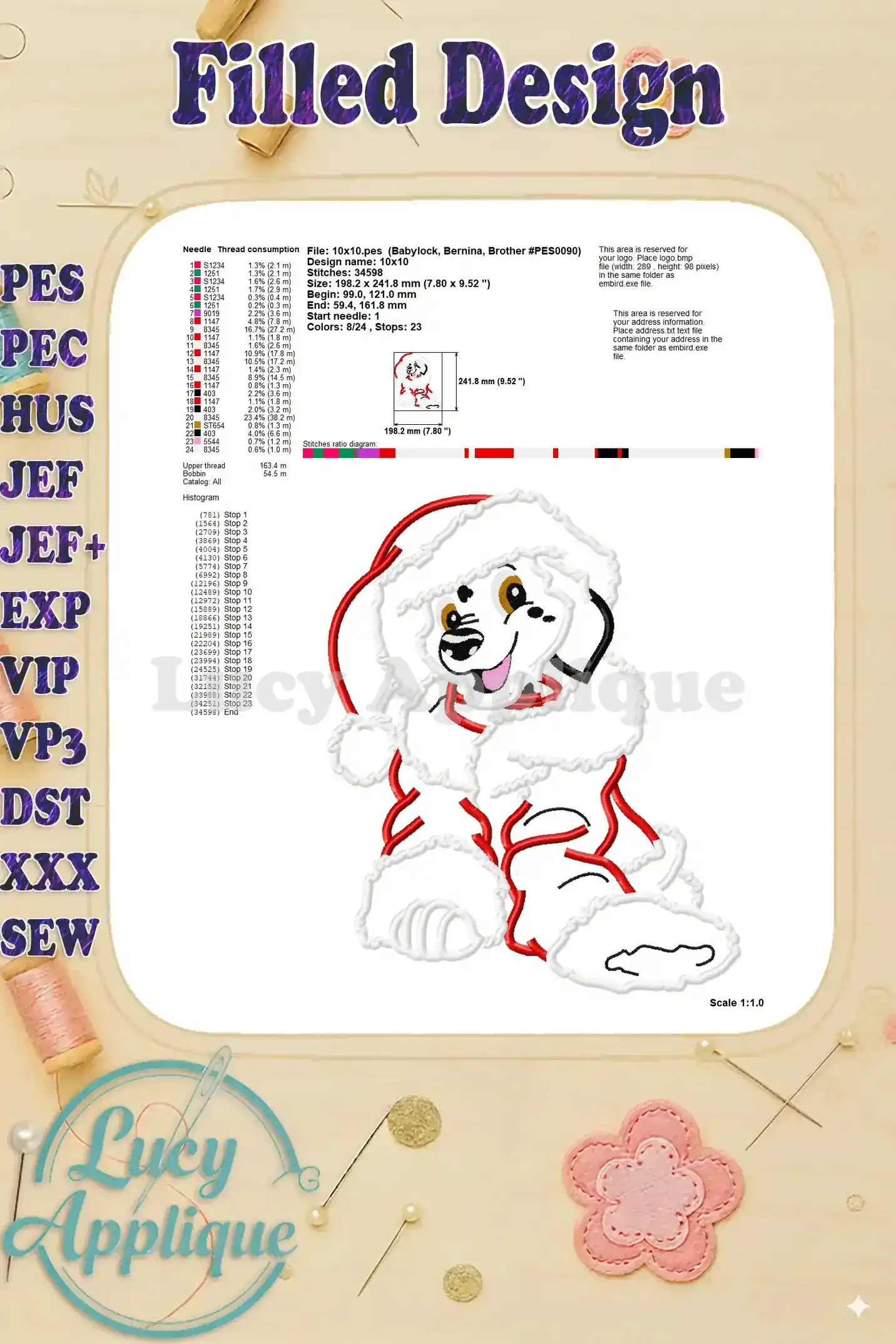 Detailed information about the filled Dalmatian applique design, including needle thread consumption, size, stitches, and colors.