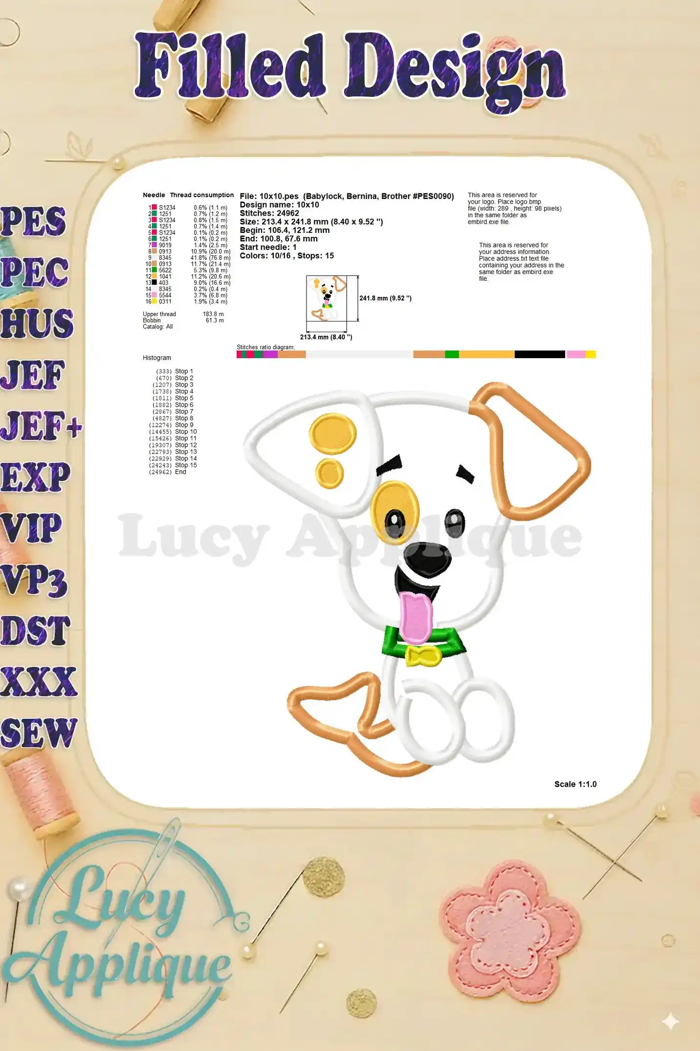 Filled design image with needle and thread consumption details for the Puppy Bubble Guppies applique embroidery design, providing additional technical specifications.