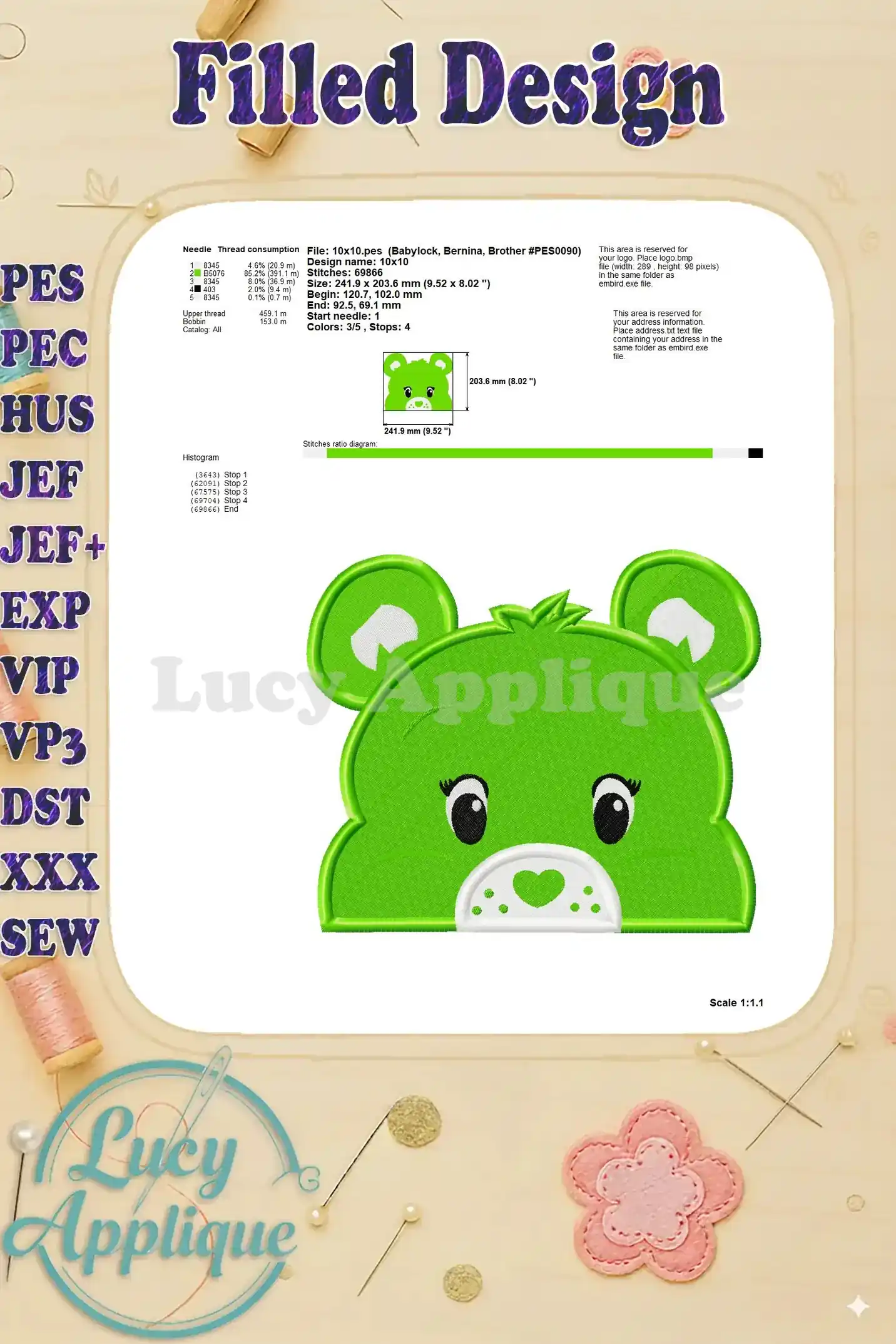 A technical specification sheet for the Care Bear embroidery design, including needle size, thread consumption, and other relevant machine details.