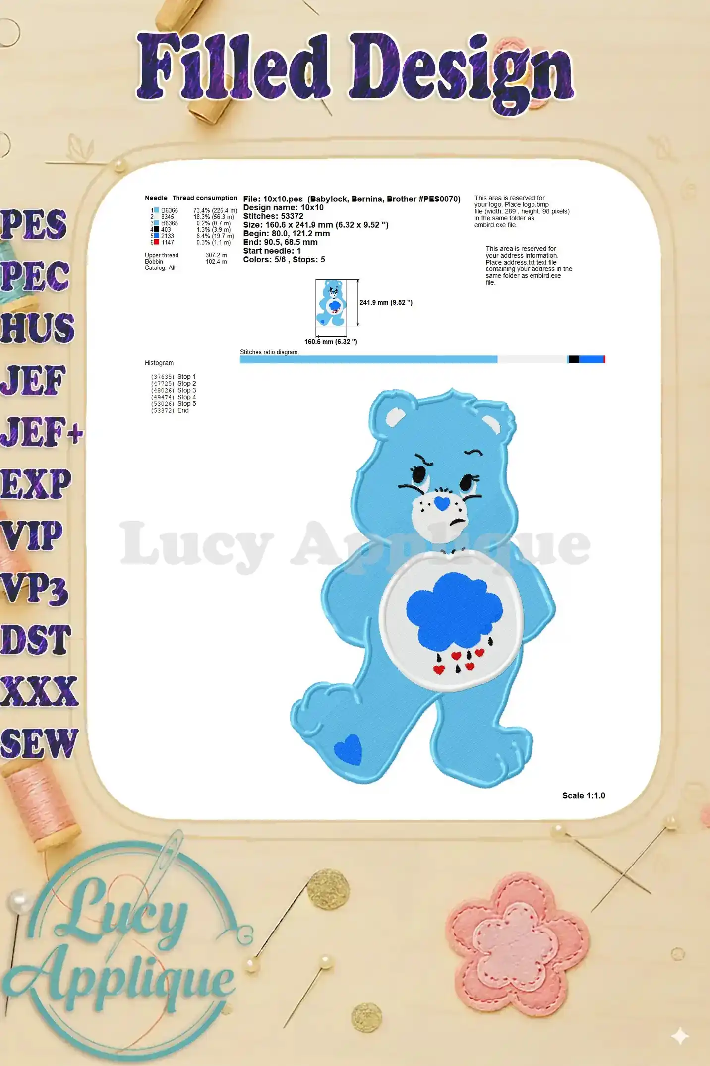 Embroidery design technical specifications for Grumpy Bear from Care Bears, including dimensions, stitch counts, and color details.