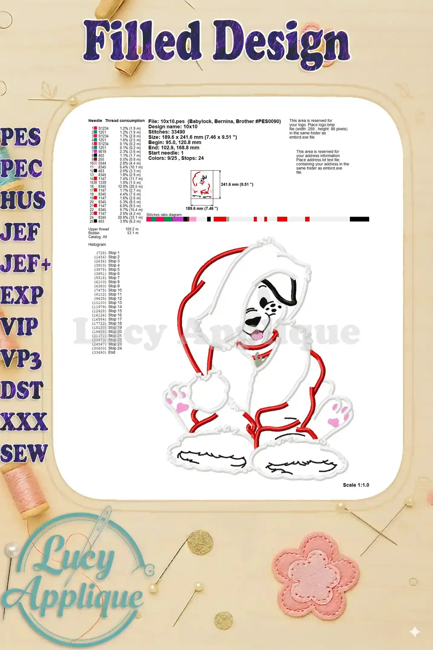 Detailed information about the Dalmatian applique design including dimensions, stitch count, and other relevant details for embroidery.