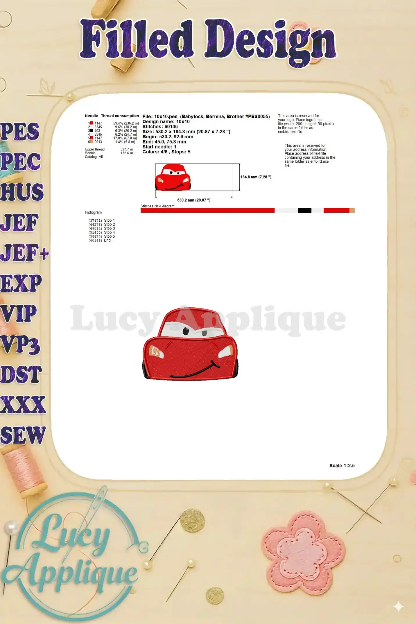Technical specifications for the Lightning McQueen embroidery design, including stitch count, dimensions, and thread consumption. Useful for advanced users.