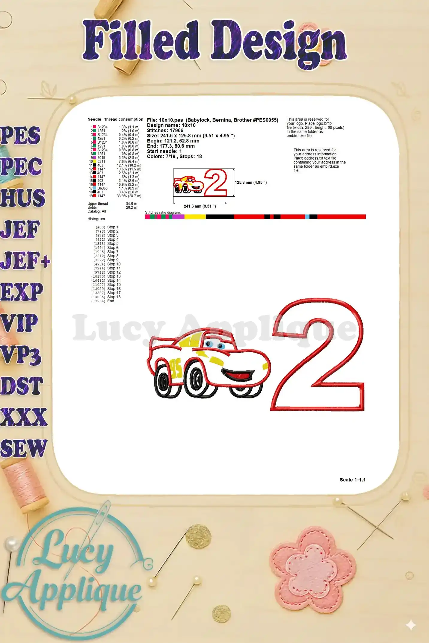 Detailed information about the finished Lightning McQueen applique, including thread consumption and stitch count. Provides technical specifications.