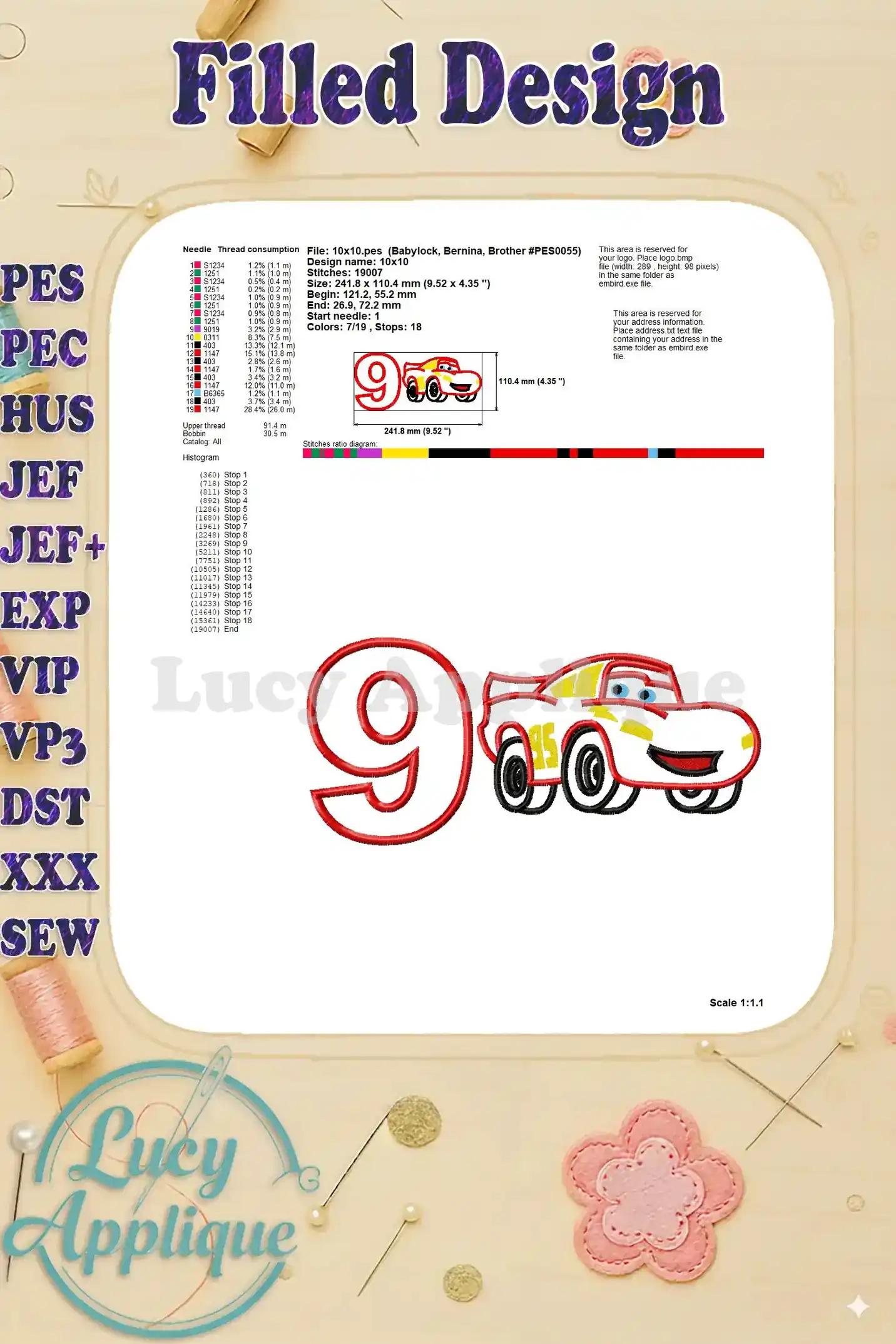 Detailed information on needle consumption, stitch details, design dimensions, and other technical specifications for the Lightning McQueen applique.