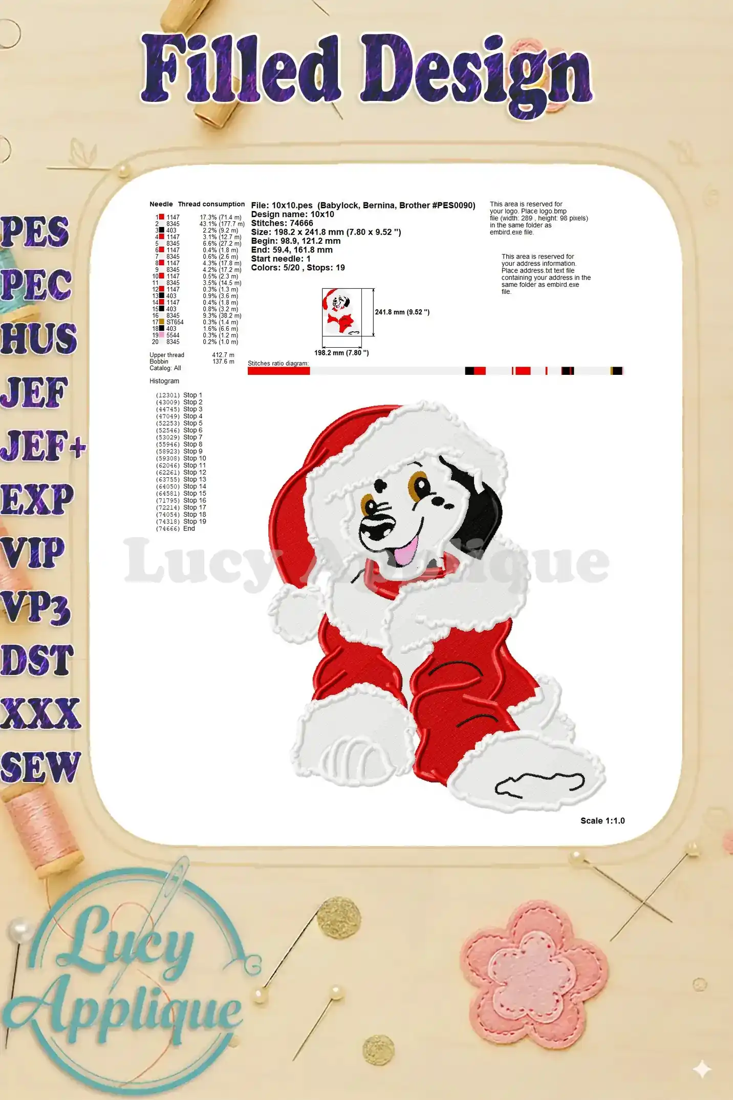 Detailed needle and thread information for the Dalmatian Christmas embroidery design.