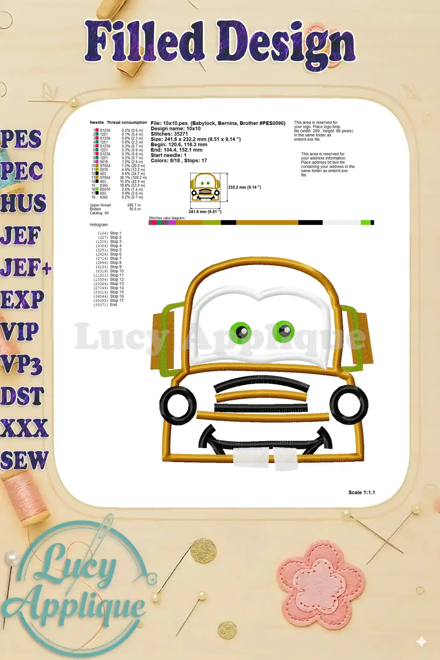 Mater Filled Embroidery Details. Detailed information and specifications for the filled Mater embroidery design, including stitch count and size.