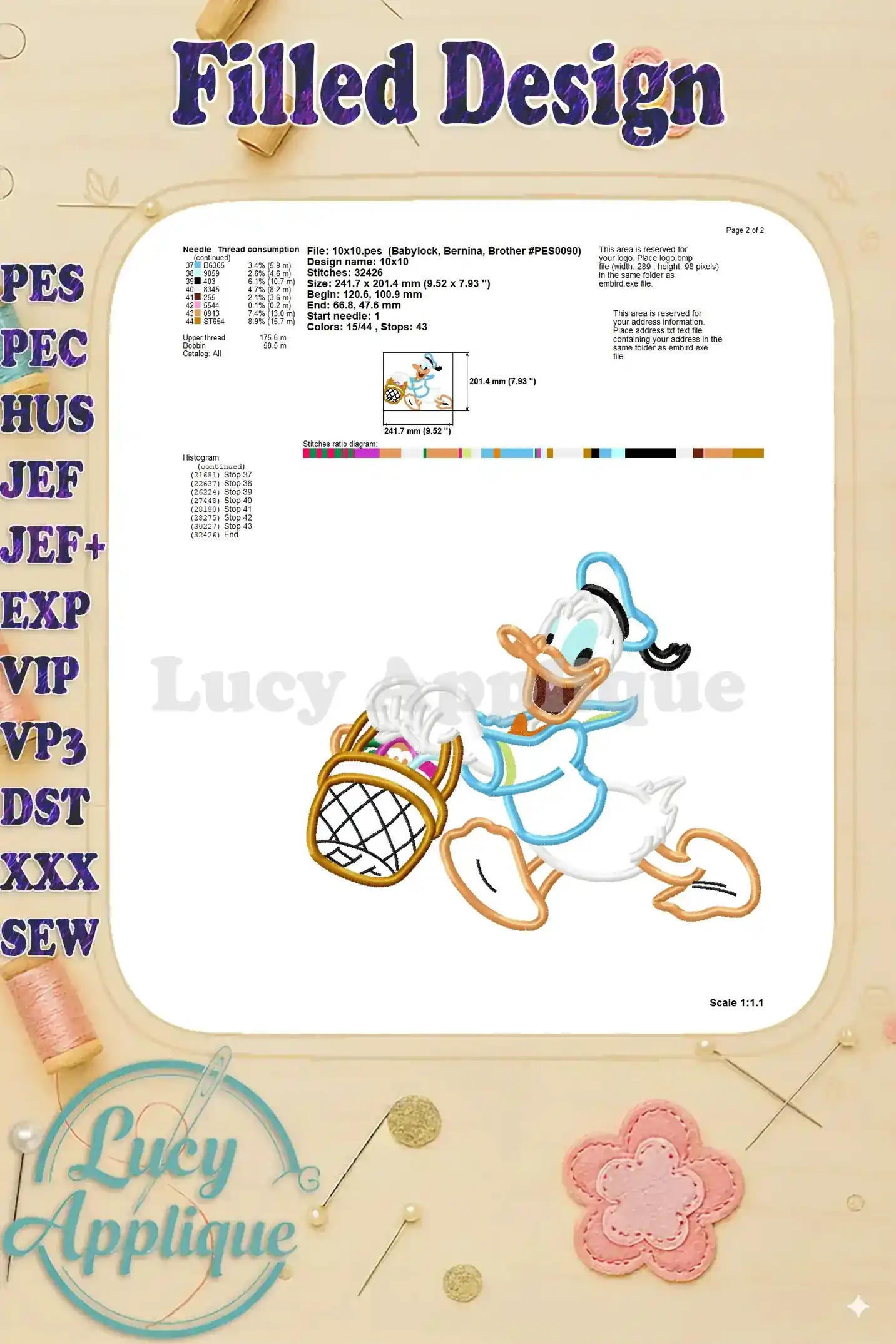Fourth page of the filled design sheet for the Easter Donald Duck applique, providing additional details and stitch information.