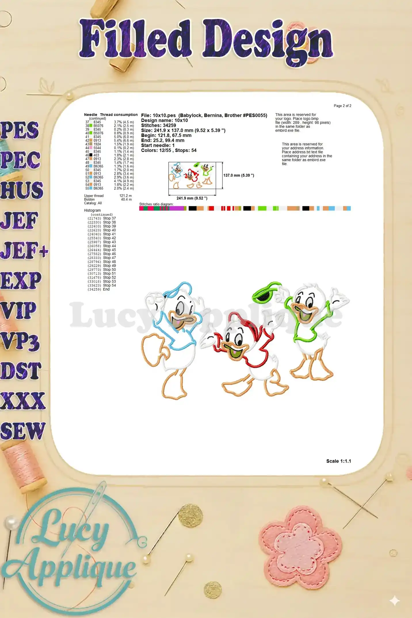 Filled design showing the completed design with stitch types indicated.