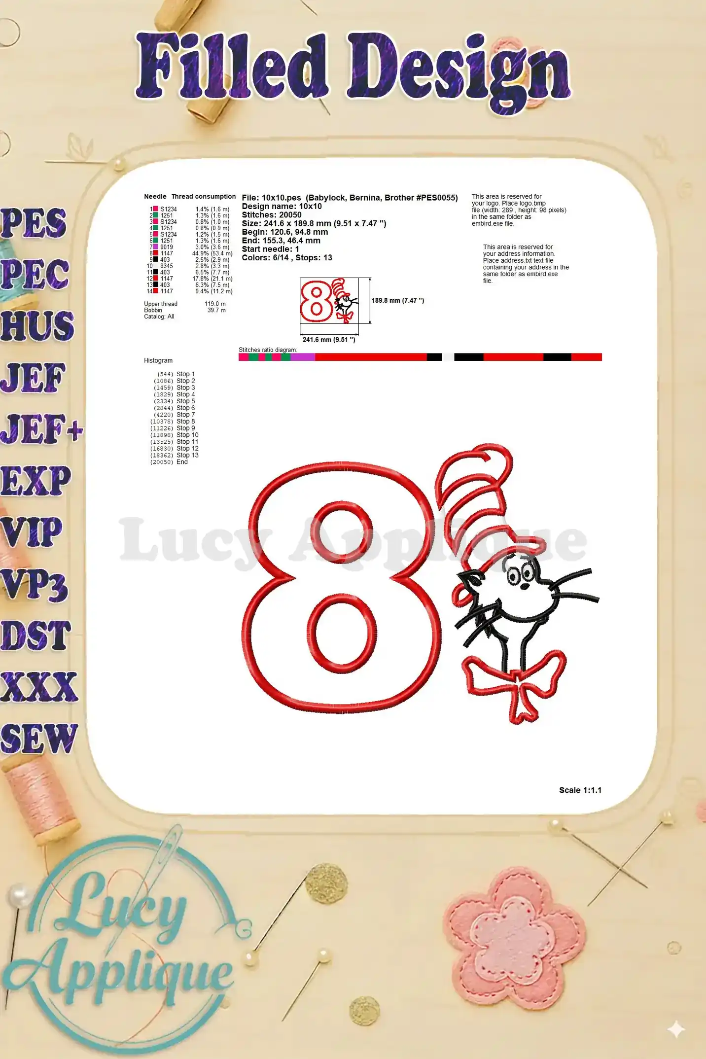 Detailed information about the filled applique design, including thread consumption, stitch count, design size, and other relevant details.