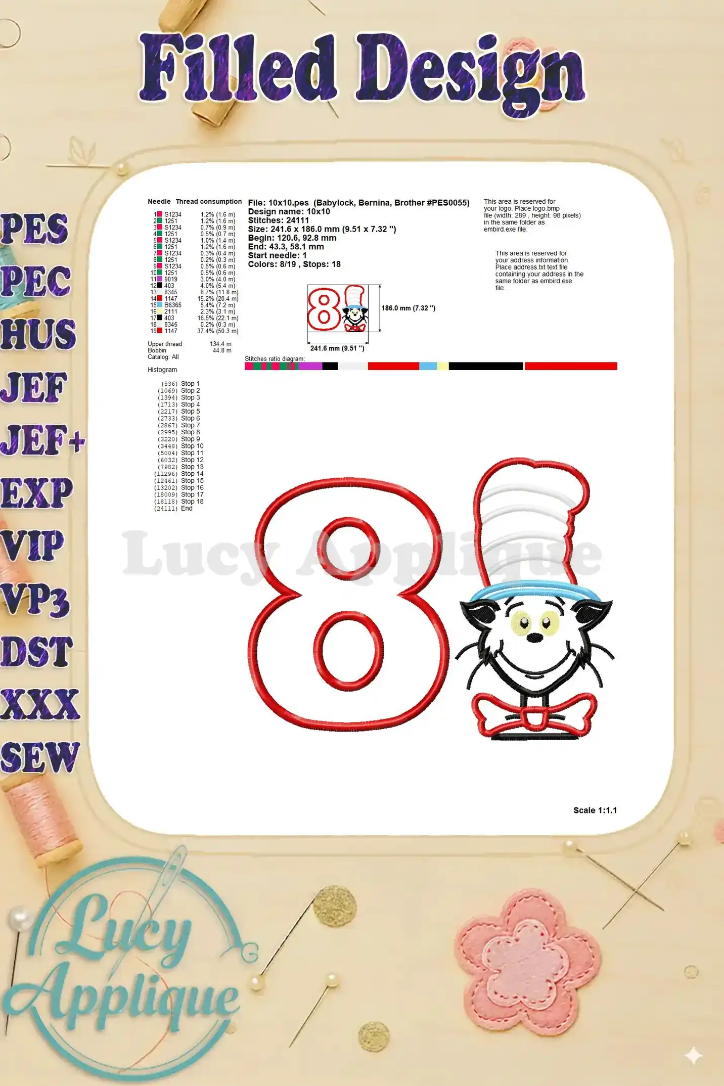 Detailed information about the filled applique design, including thread consumption, stitch count, and design dimensions.