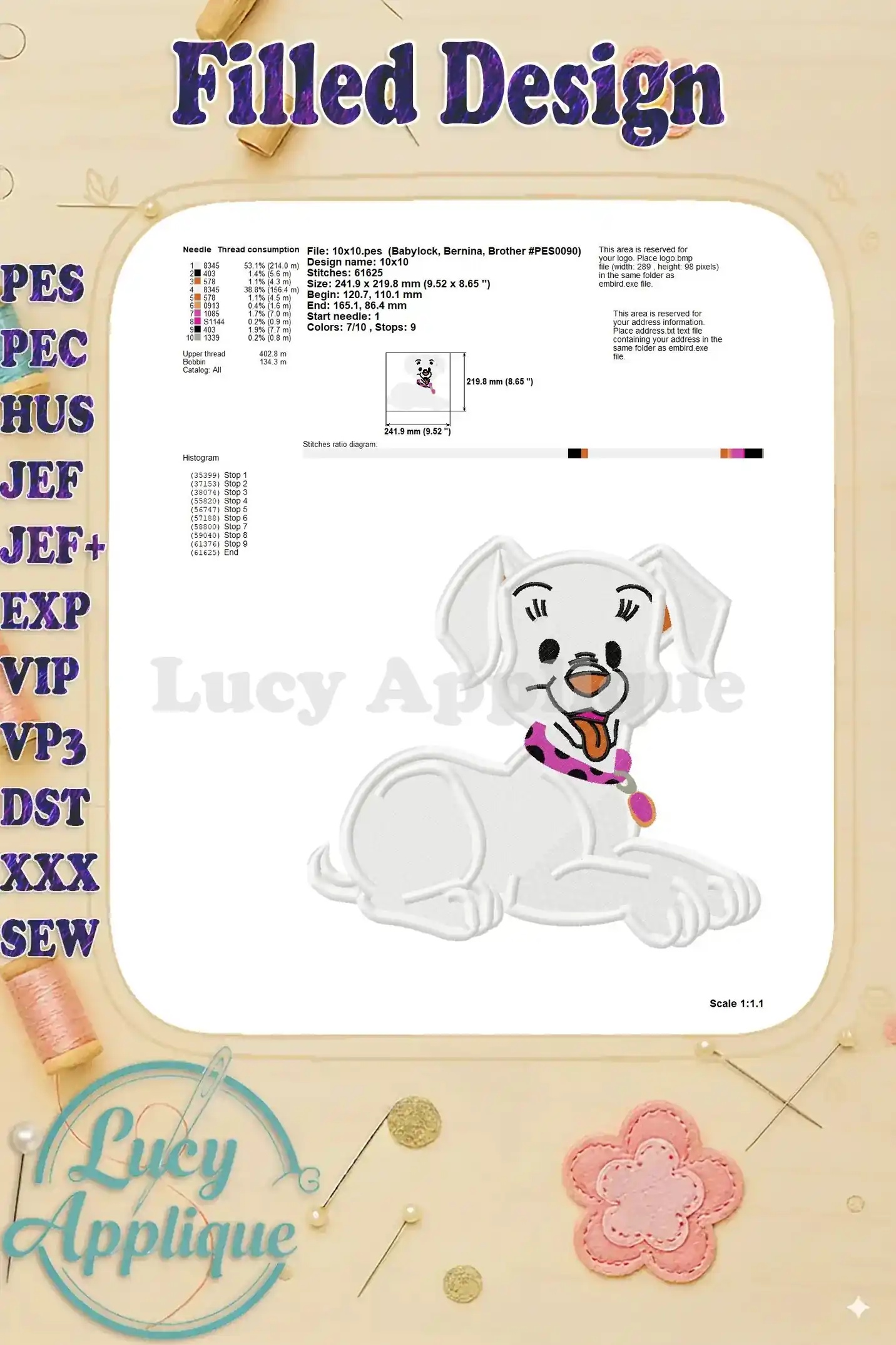 Needle thread consumption chart and size details for the 101 Dalmatians puppy embroidery design, ensuring you have the right supplies.