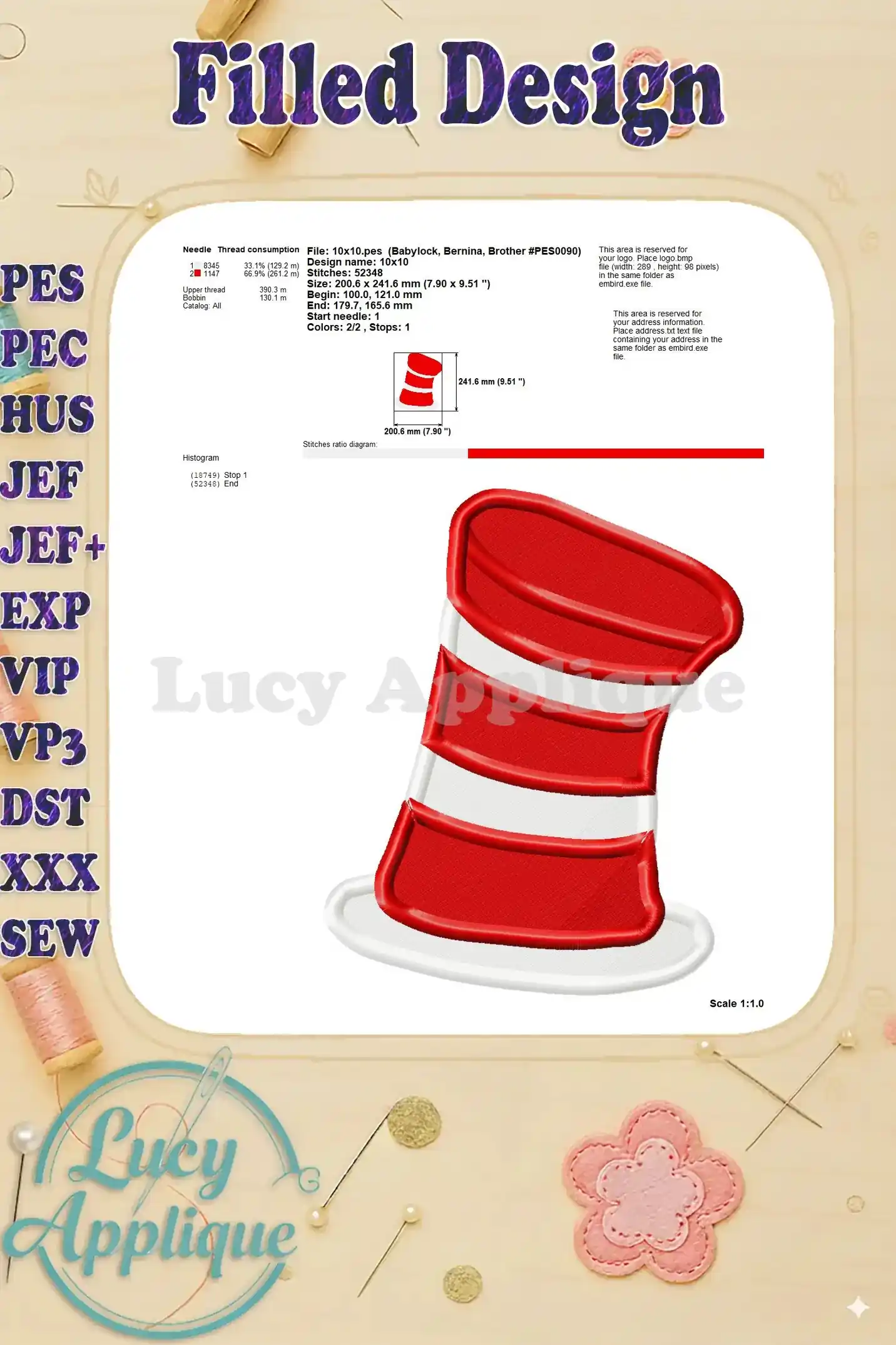 Embroidery design of the Cat in the Hat's hat, showing needle and thread consumption details, along with the design size and stitch count.