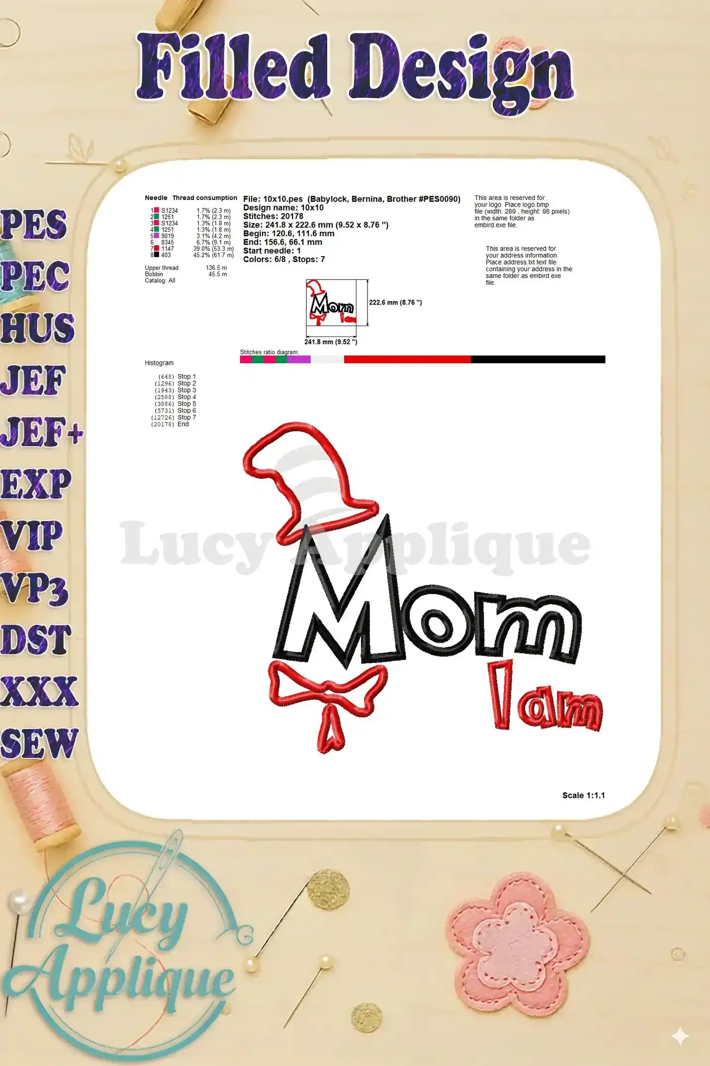 Detailed filled design specifications, including needle consumption, design dimensions, stitch count, and other relevant information.