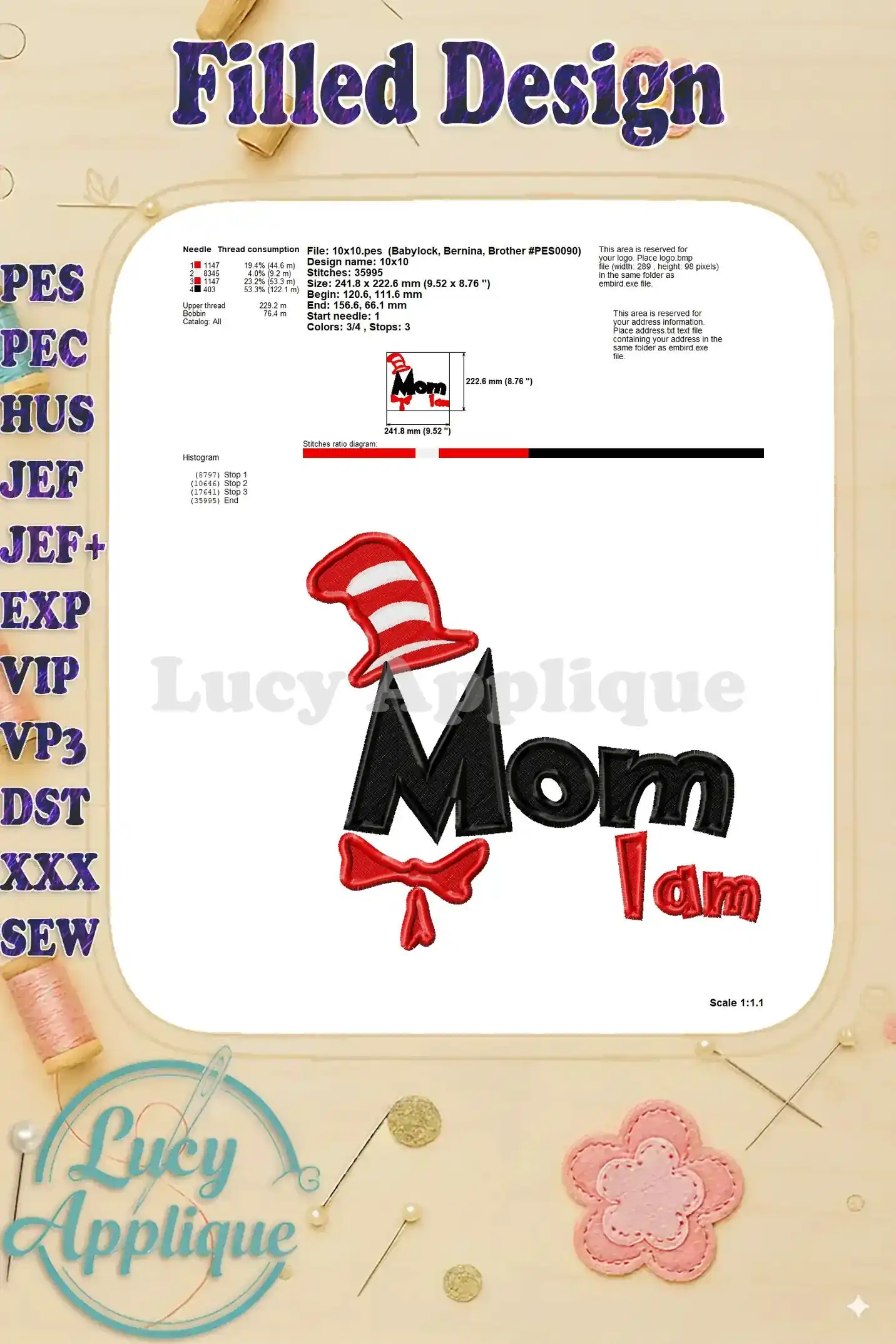 Detailed information for the Cat in the Hat 'Mom I am' embroidery design, including file size, stitch count, design dimensions, and other essential specifications.