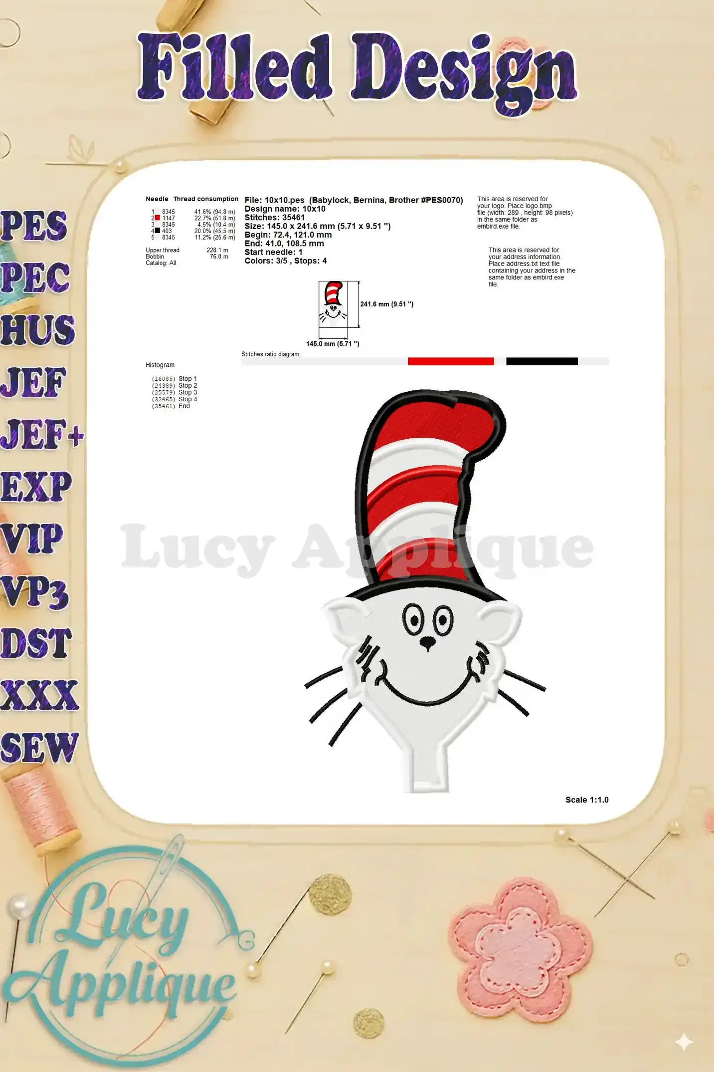 Needle and thread information for the Cat in the Hat embroidery design, including size, type, and quantity. Precise details!