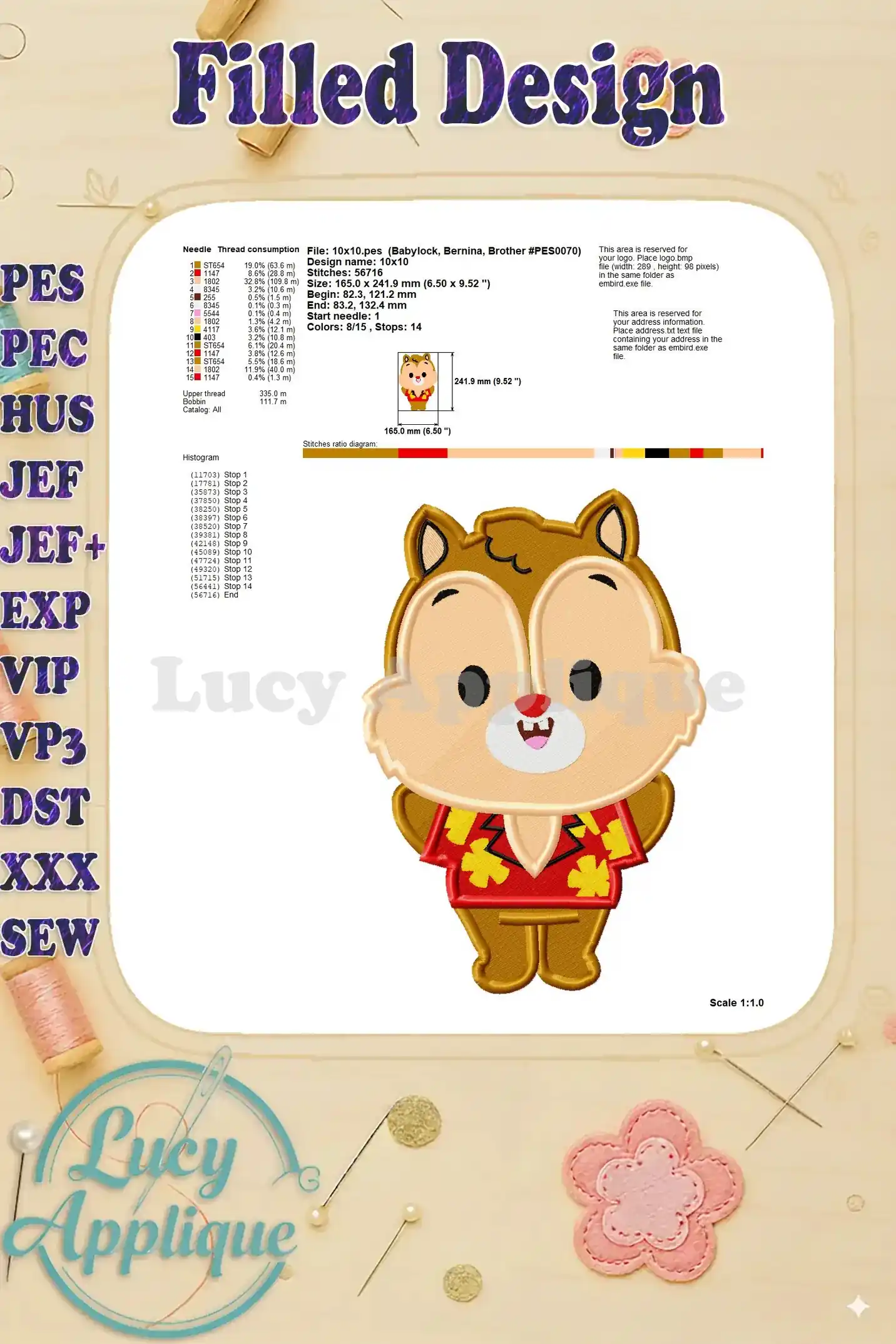 Detailed information about the Chip and Dale embroidery design, including stitch count, size, and thread consumption. A helpful guide for embroidery projects.