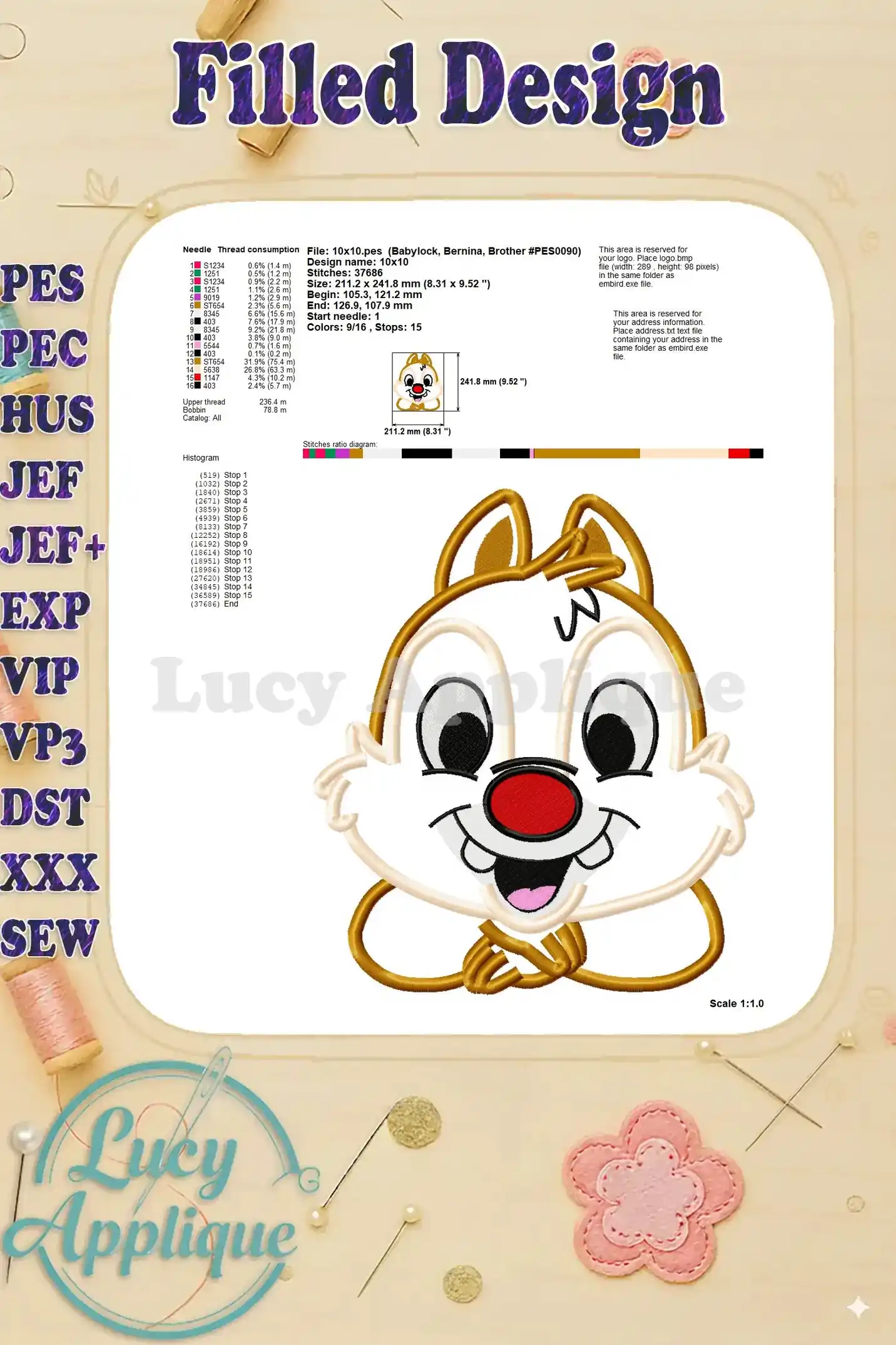Detailed information on needle, thread consumption, and stitch diagram for the Chip and Dale applique filled design.