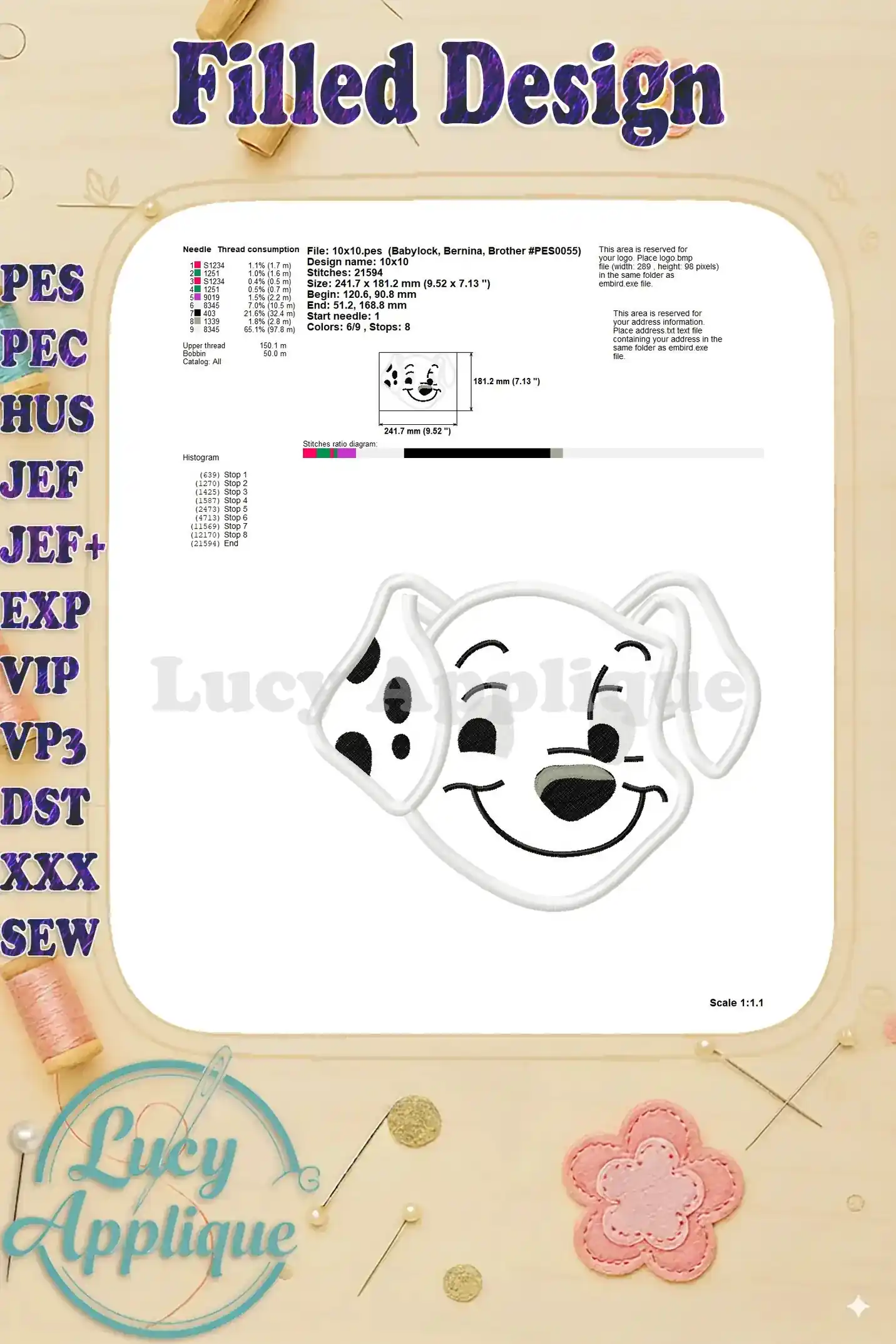 Detailed information on thread consumption, design size, and stitch diagram for the filled Dalmatian embroidery design.