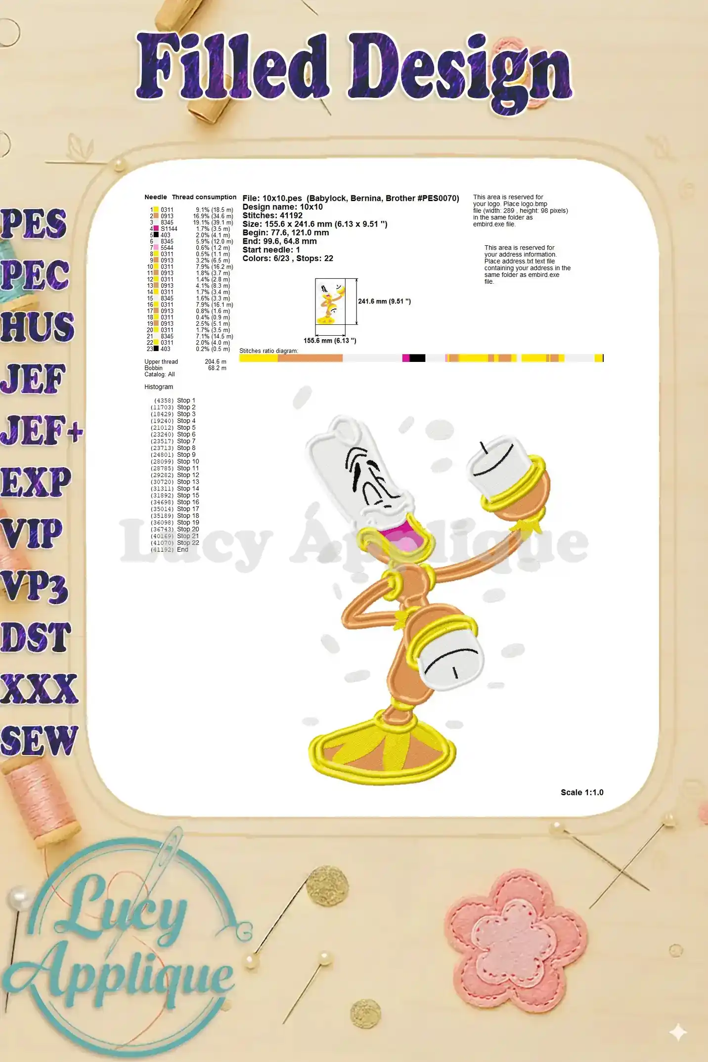 Shows the complete design layout with size information and thread consumption details for the Lumiere embroidery design.