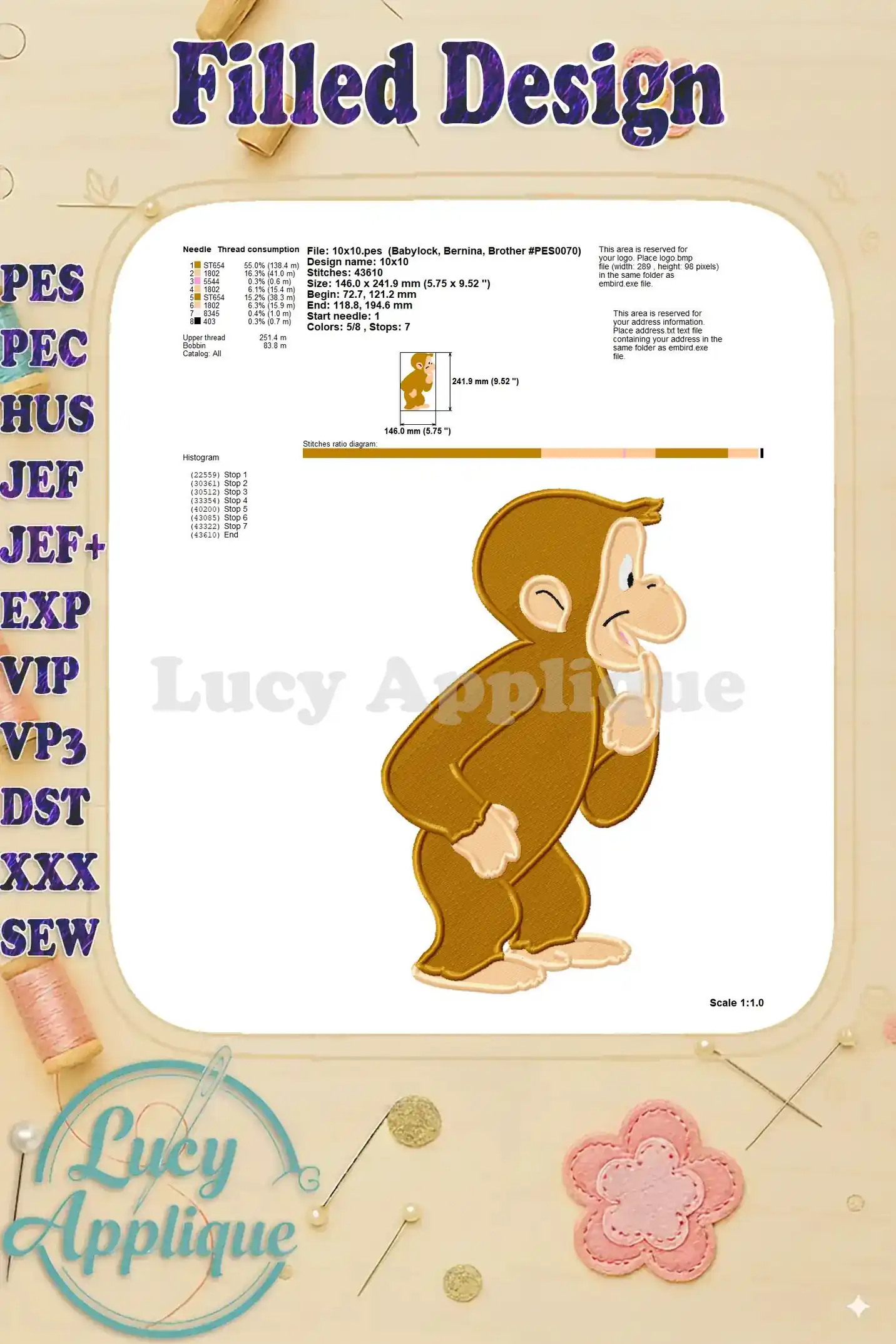 Detailed information about the Curious George embroidery design, including dimensions, stitch count, and thread consumption for precise project planning.