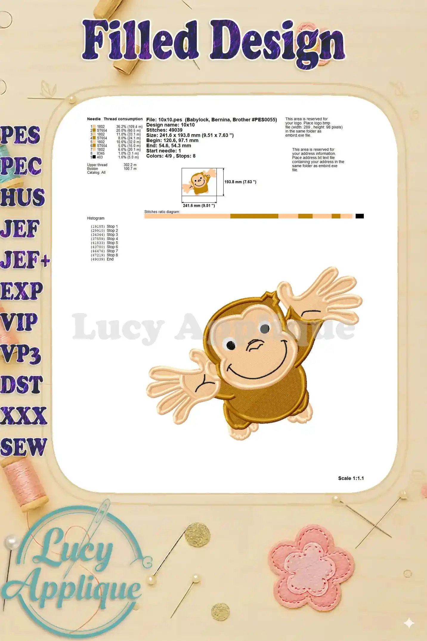 Embroidery design of Curious George, showing thread consumption, stitch diagram, and other technical details related to the design's execution.