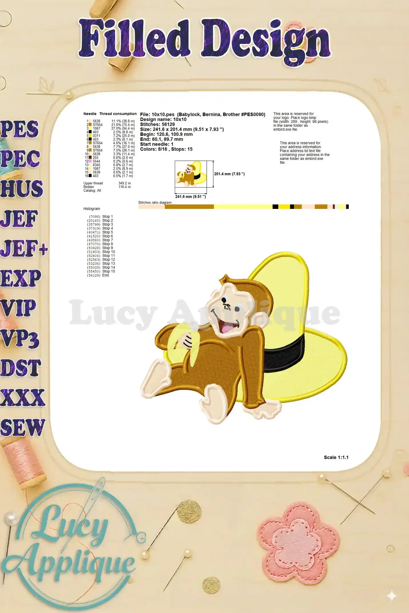Needle thread consumption chart and other details for the Curious George embroidery design, including size and stitch count.