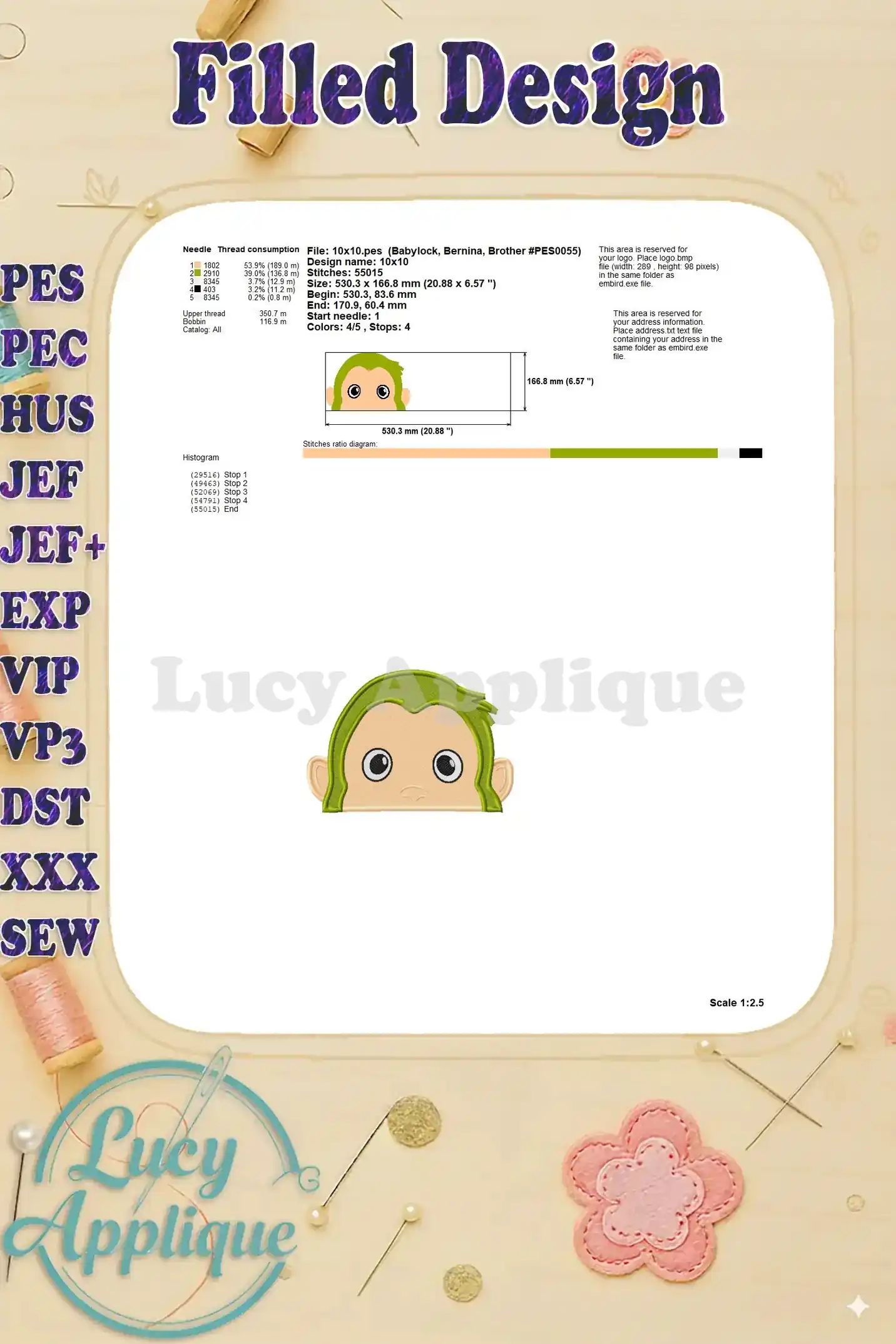 Technical specifications and thread consumption details for the Curious George embroidery design. Helpful for planning your embroidery project.