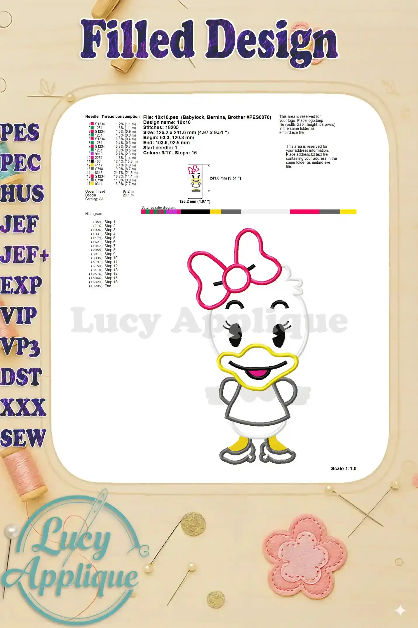 Additional information on thread usage, stitch count, and size for the filled Baby Daisy Duck embroidery design.