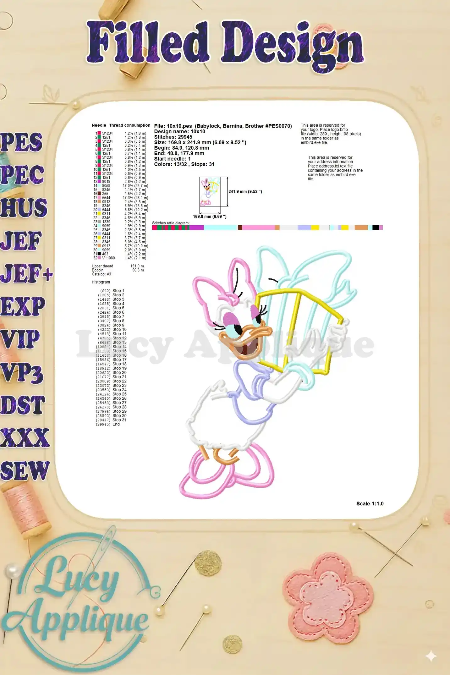 Detailed information on thread consumption, stitch count, and other specifications for the Daisy Duck design.