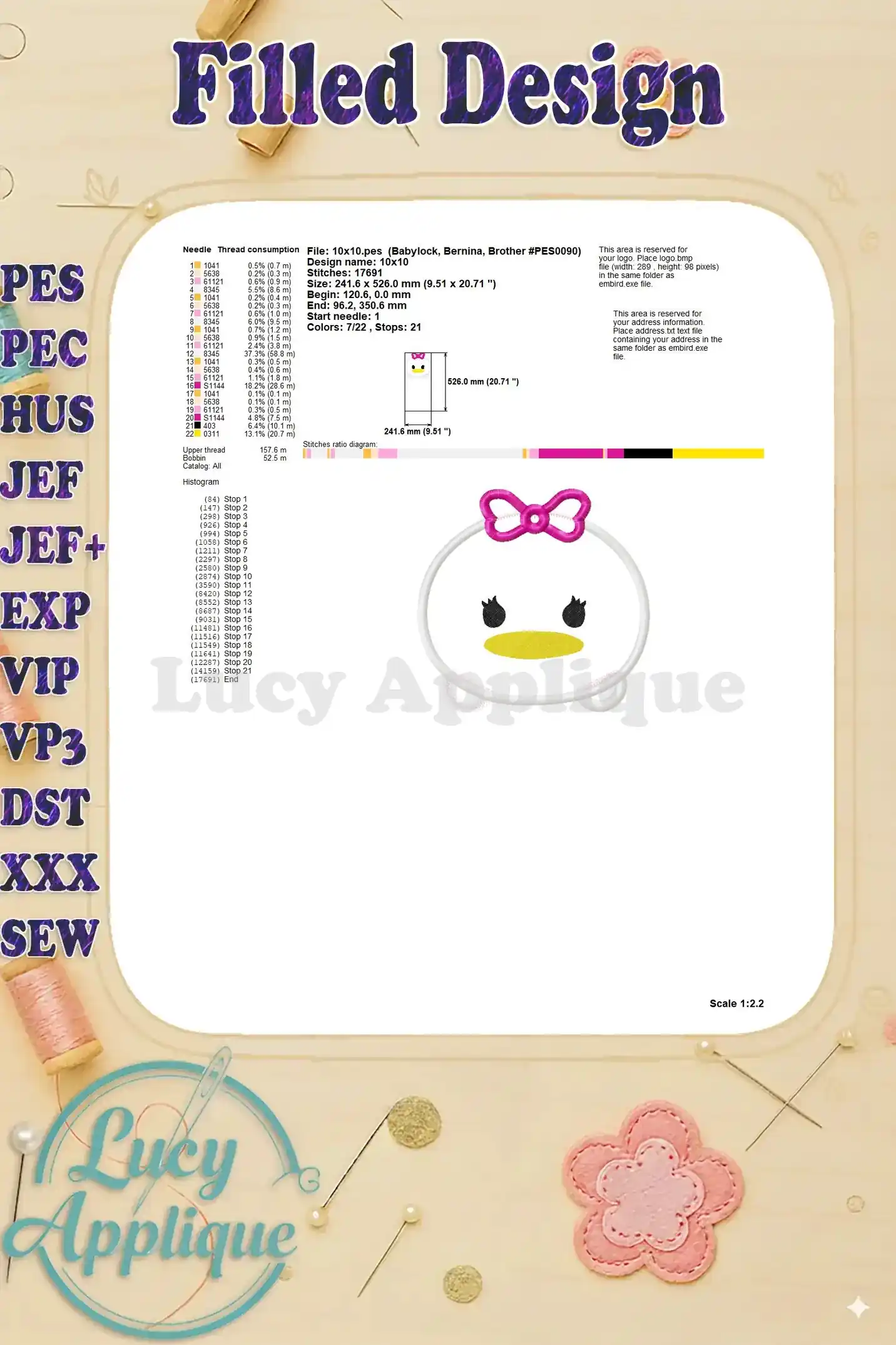 A filled design image showing needle thread consumption, design size, stitches, and other important details for the Tsum Tsum Daisy Duck applique embroidery design.