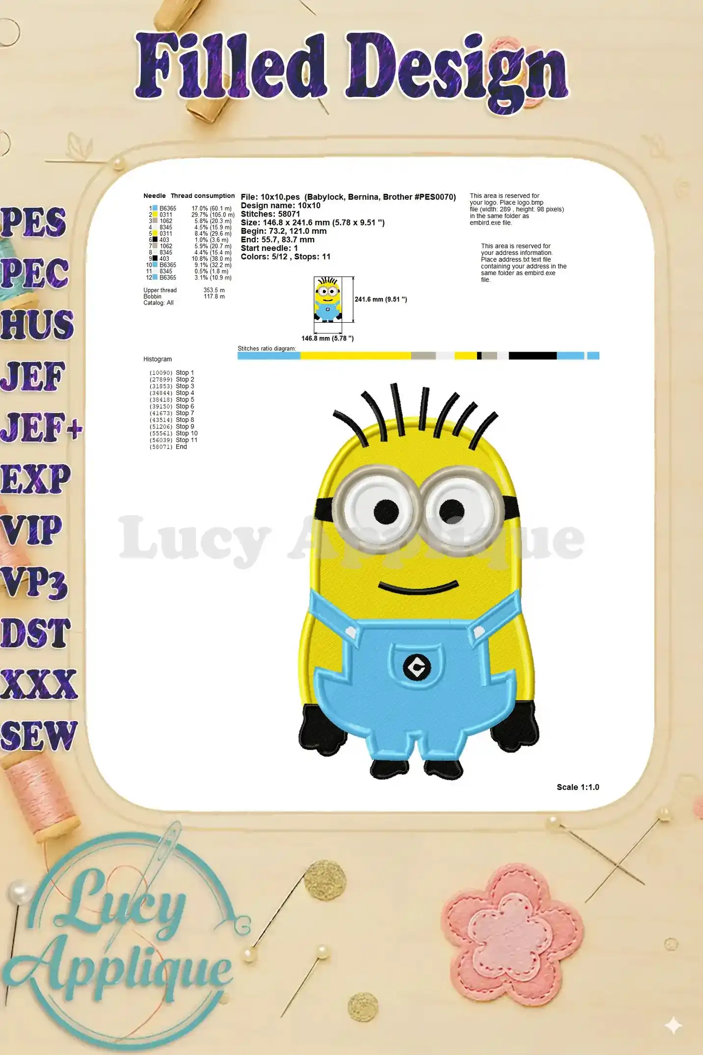 Needle thread consumption and design specifications for the Jerry the Minion embroidery design.