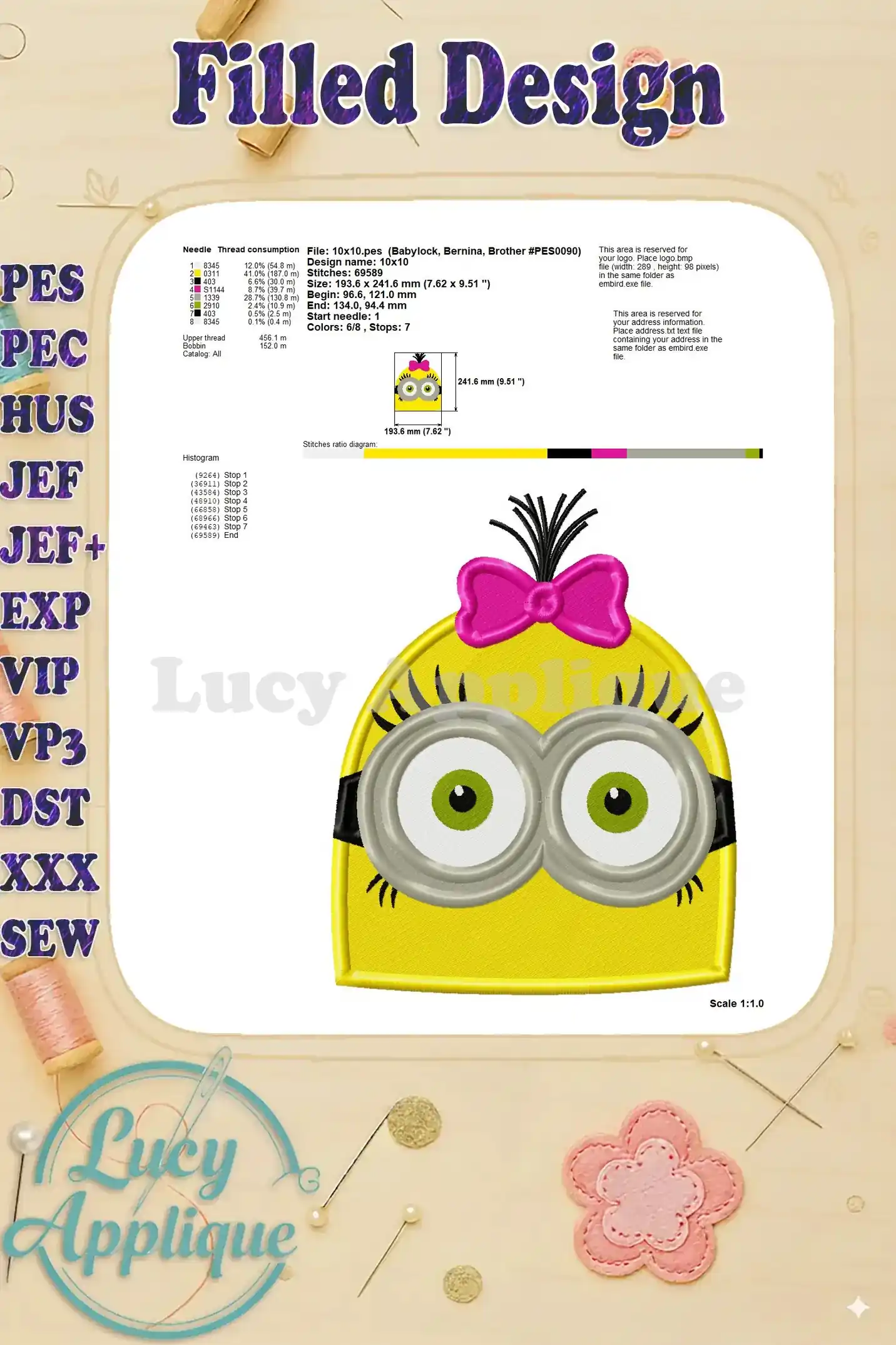 Needle and thread consumption details, along with the design's dimensions and stitch count, for the Minion girl embroidery design.