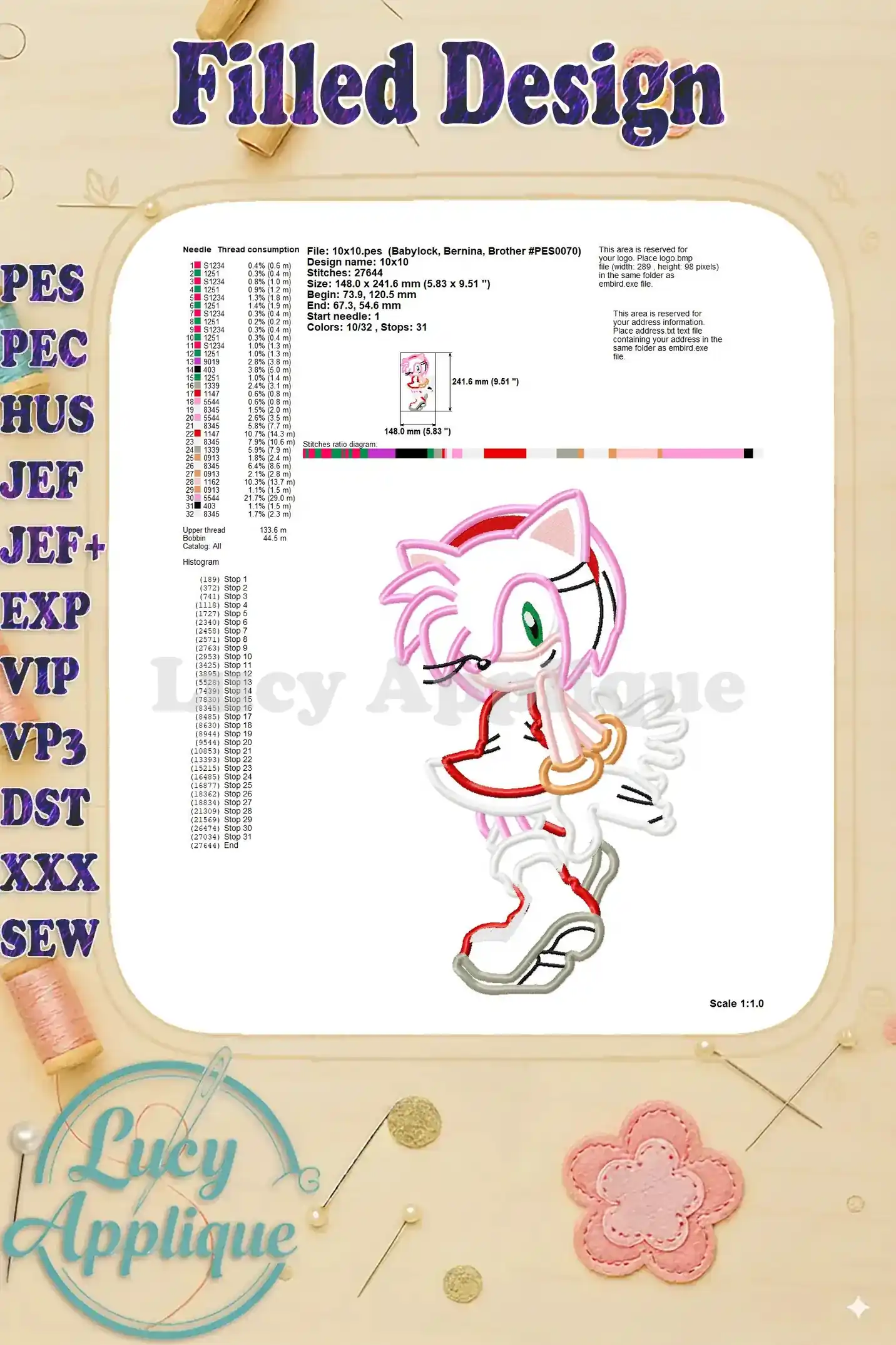 Detailed filled design showing thread usage and placement for the Amy Rose embroidery design, offering a clearer view of the final product.
