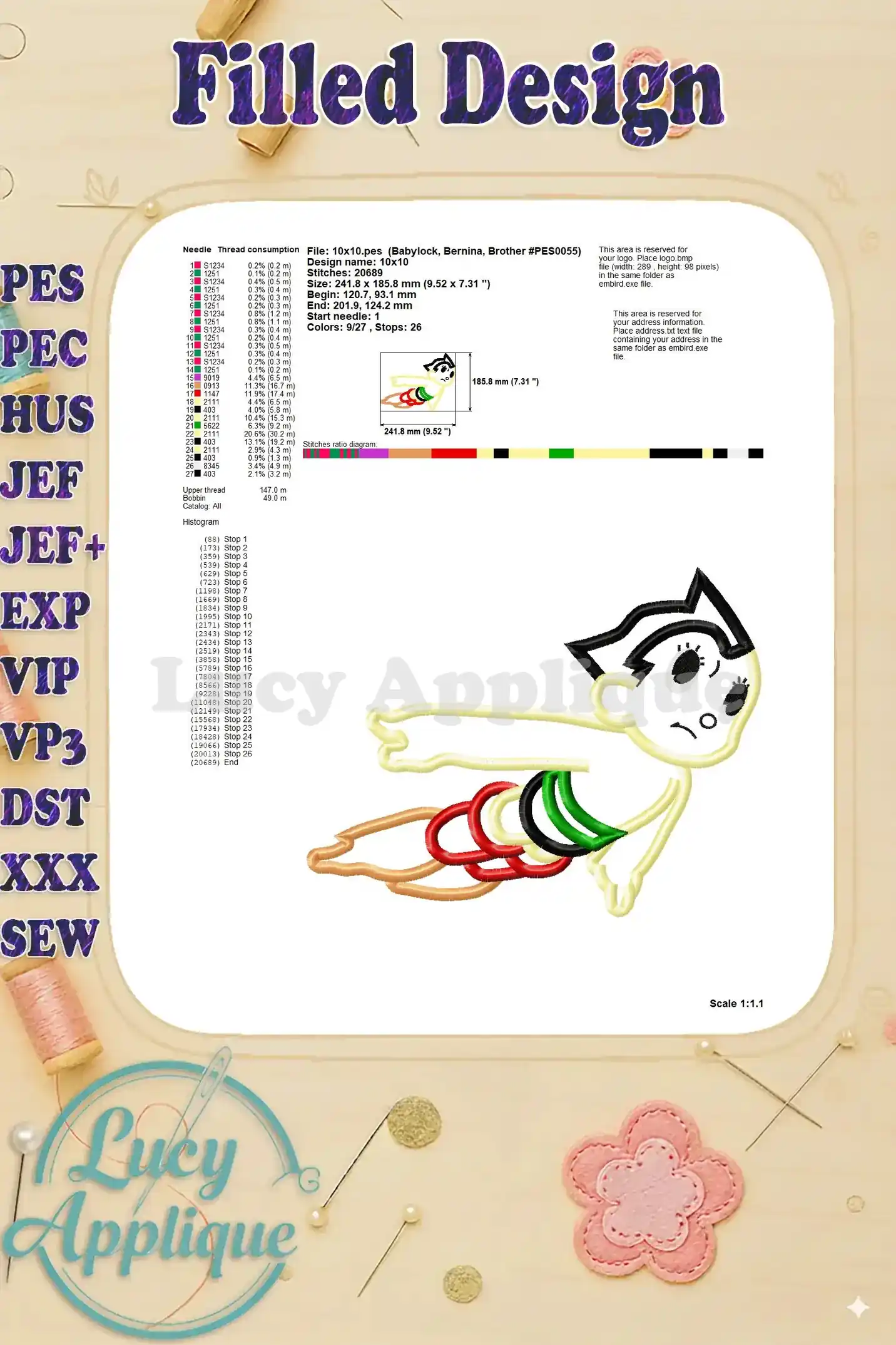 Filled design details for Astro Boy flying applique embroidery design. Shows stitch counts, dimensions, and other important information for the filled design.