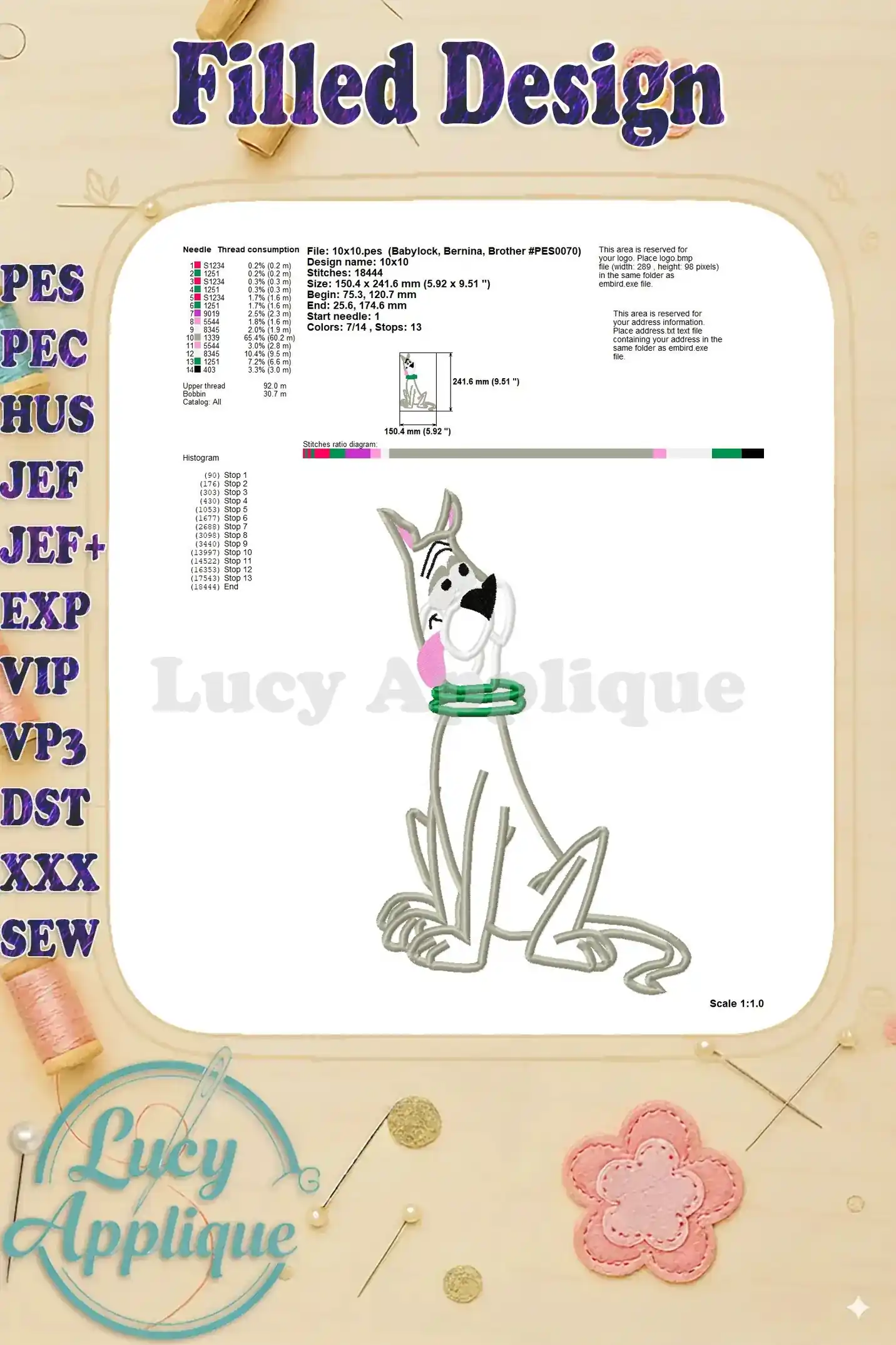 Detailed information about the filled embroidery design of Astro from The Jetsons, including thread consumption and stitch details.