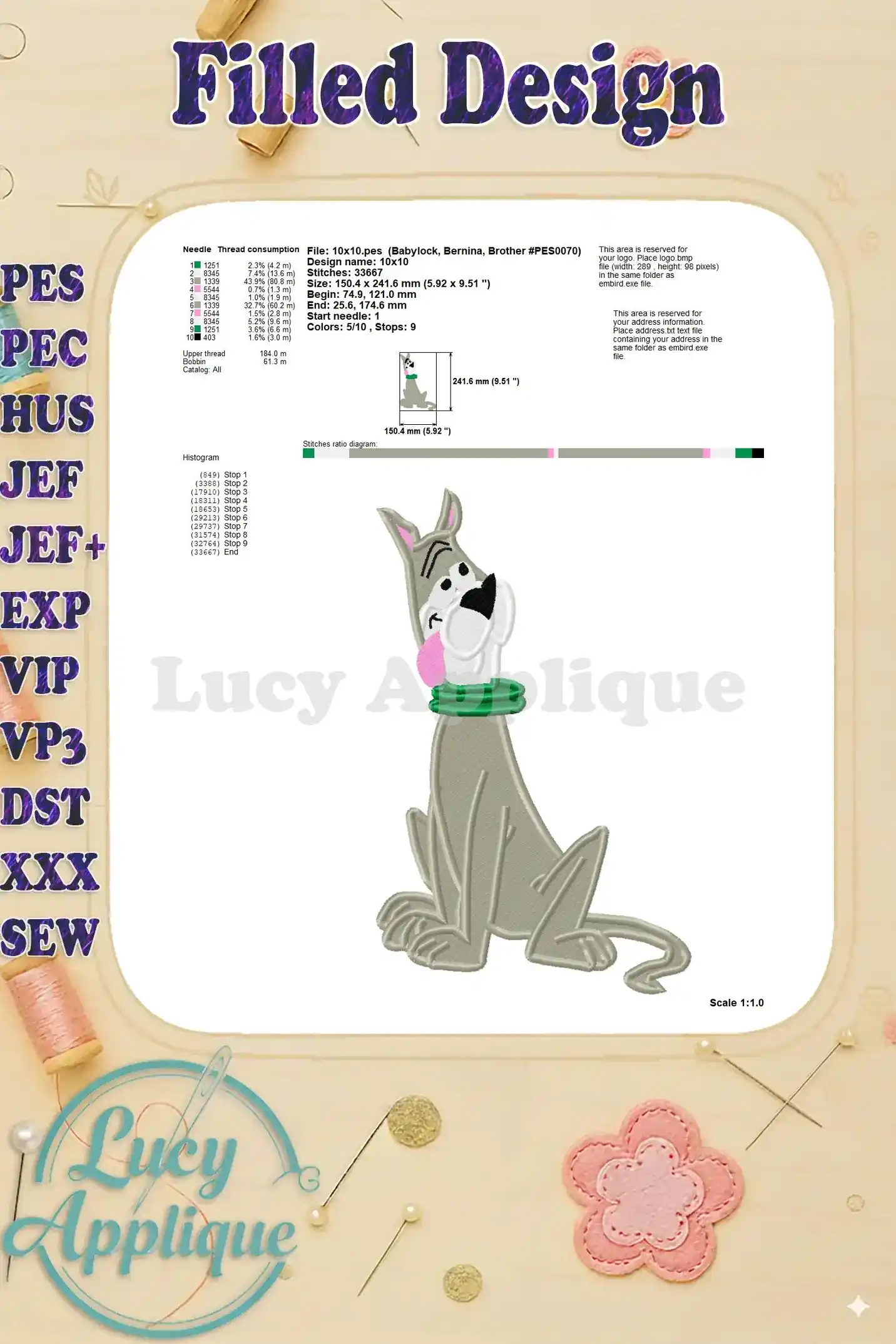 Embroidery design of Astro, the dog from The Jetsons, displayed with needle and thread specifications. The design is filled and features a green collar.