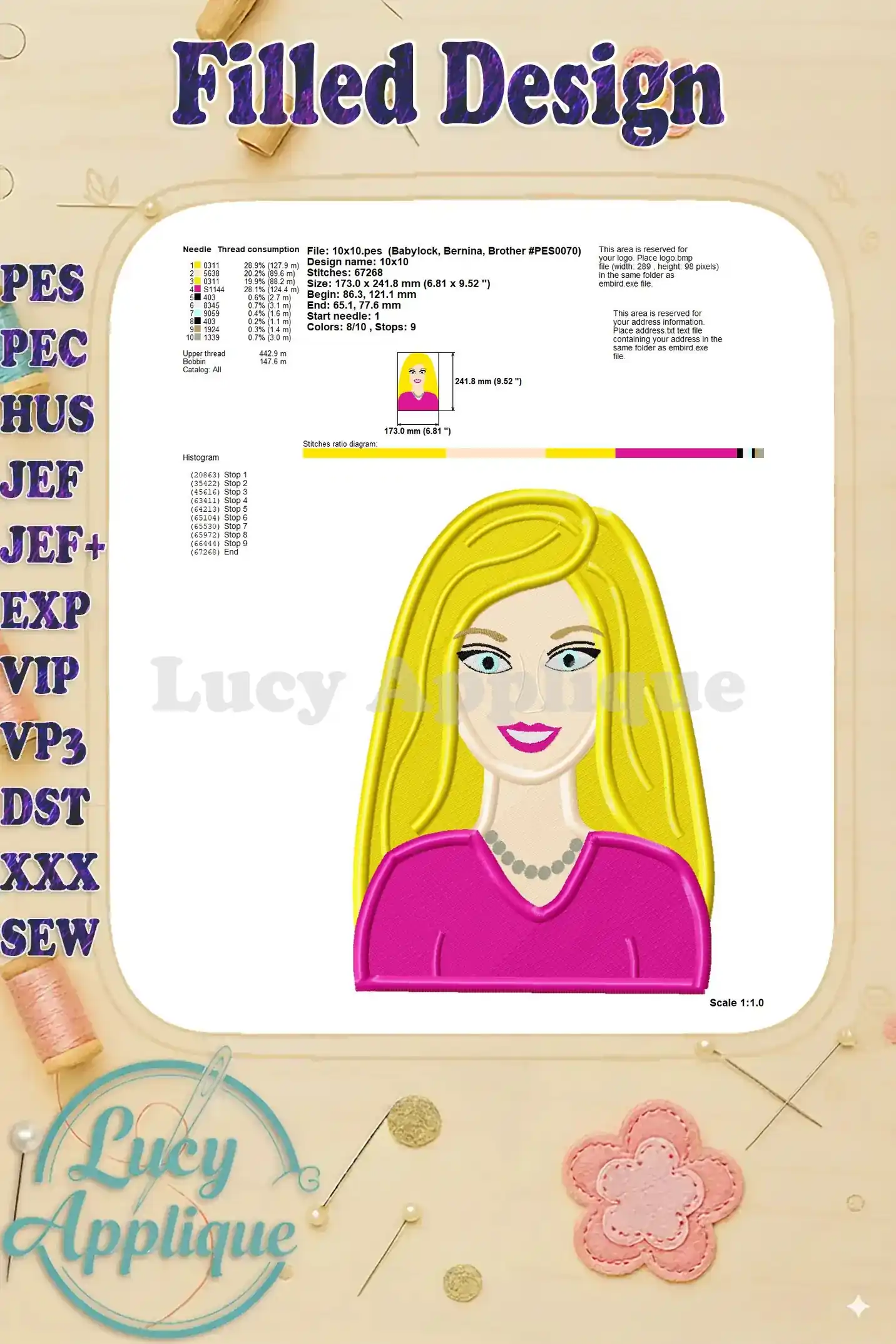 Needle thread consumption chart for the Barbie head embroidery design, specifying thread colors, lengths, and needle details.