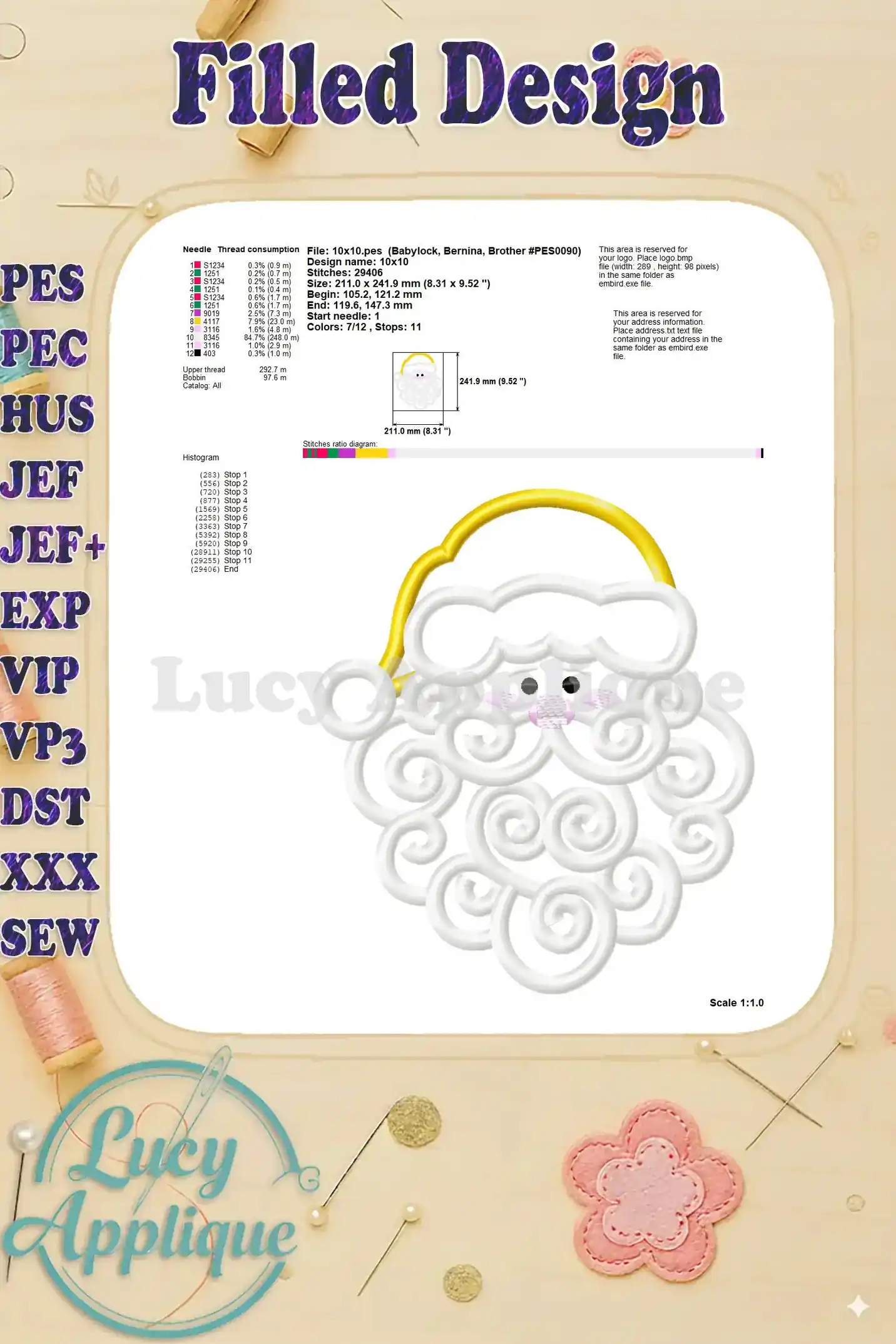 Detailed information on needle and thread usage for the Beard Santa applique embroidery design, including size, stitch count, and other relevant details.