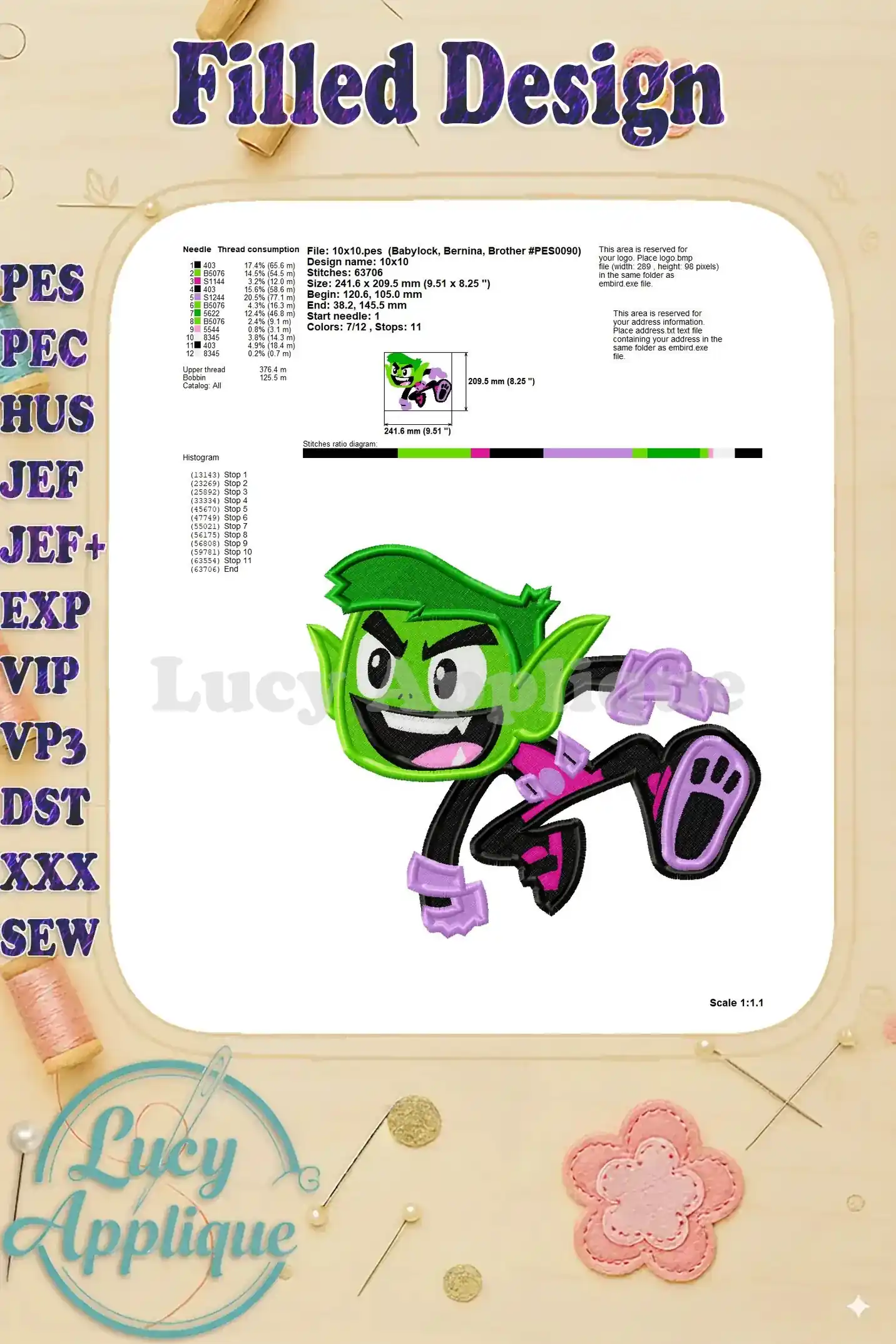 Technical specifications sheet for the Beast Boy embroidery design, including needle information, stitch diagram, and thread consumption.