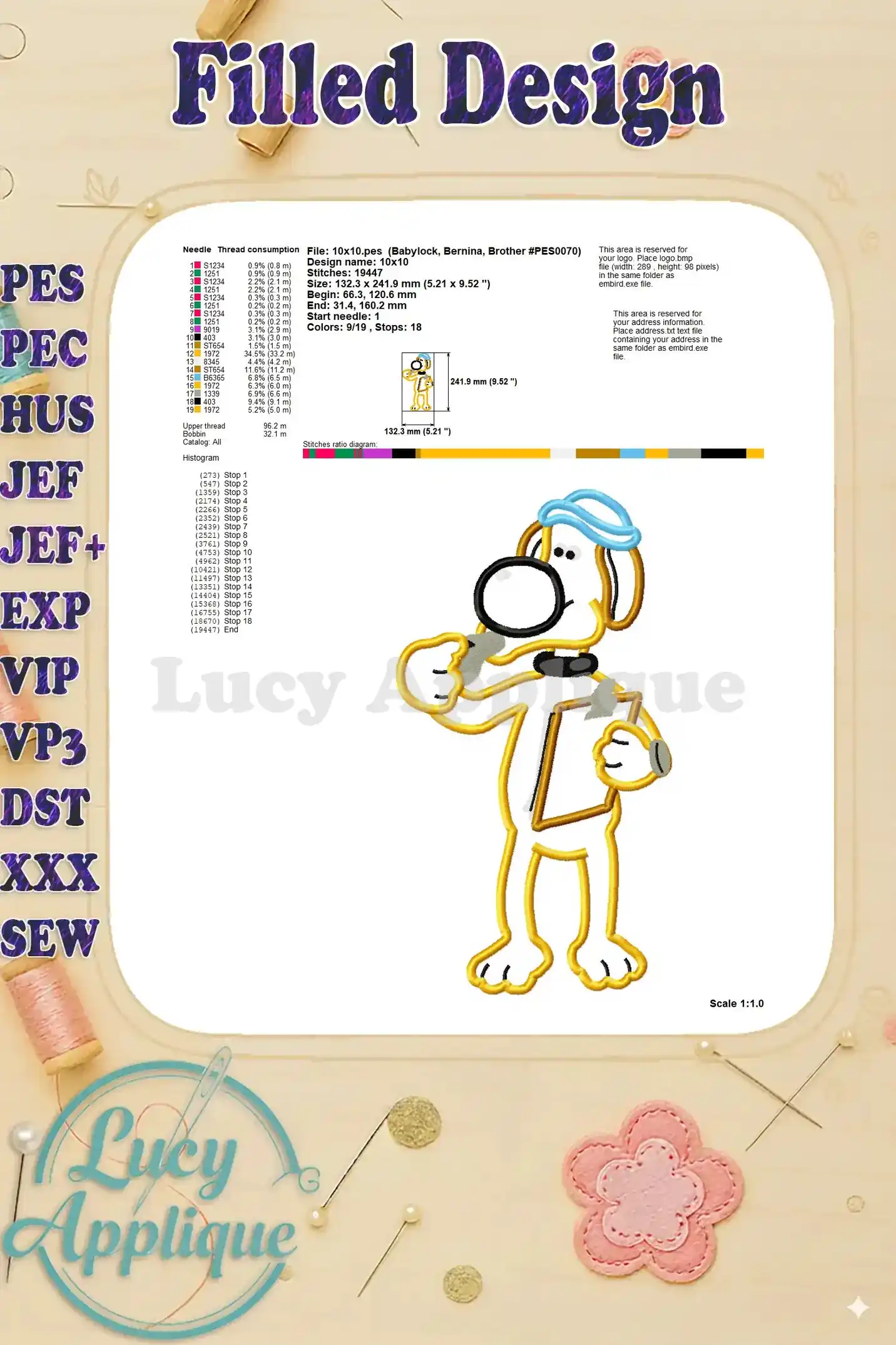 Needle thread consumption and design specifications for the Bitzer filled embroidery design. This image provides essential information for the stitching process.