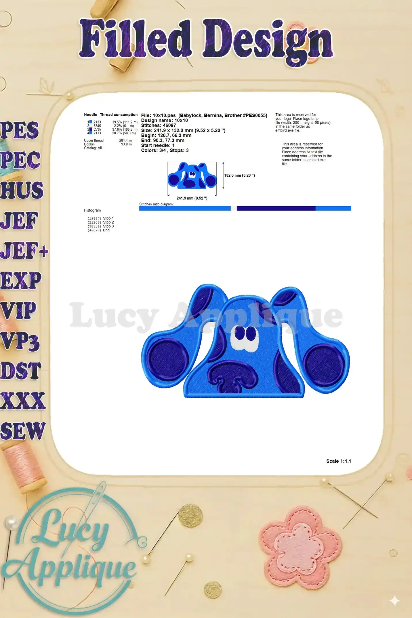 Needle thread consultation and histogram for the Blue's Clues embroidery design. Provides information on thread usage and stitch density.