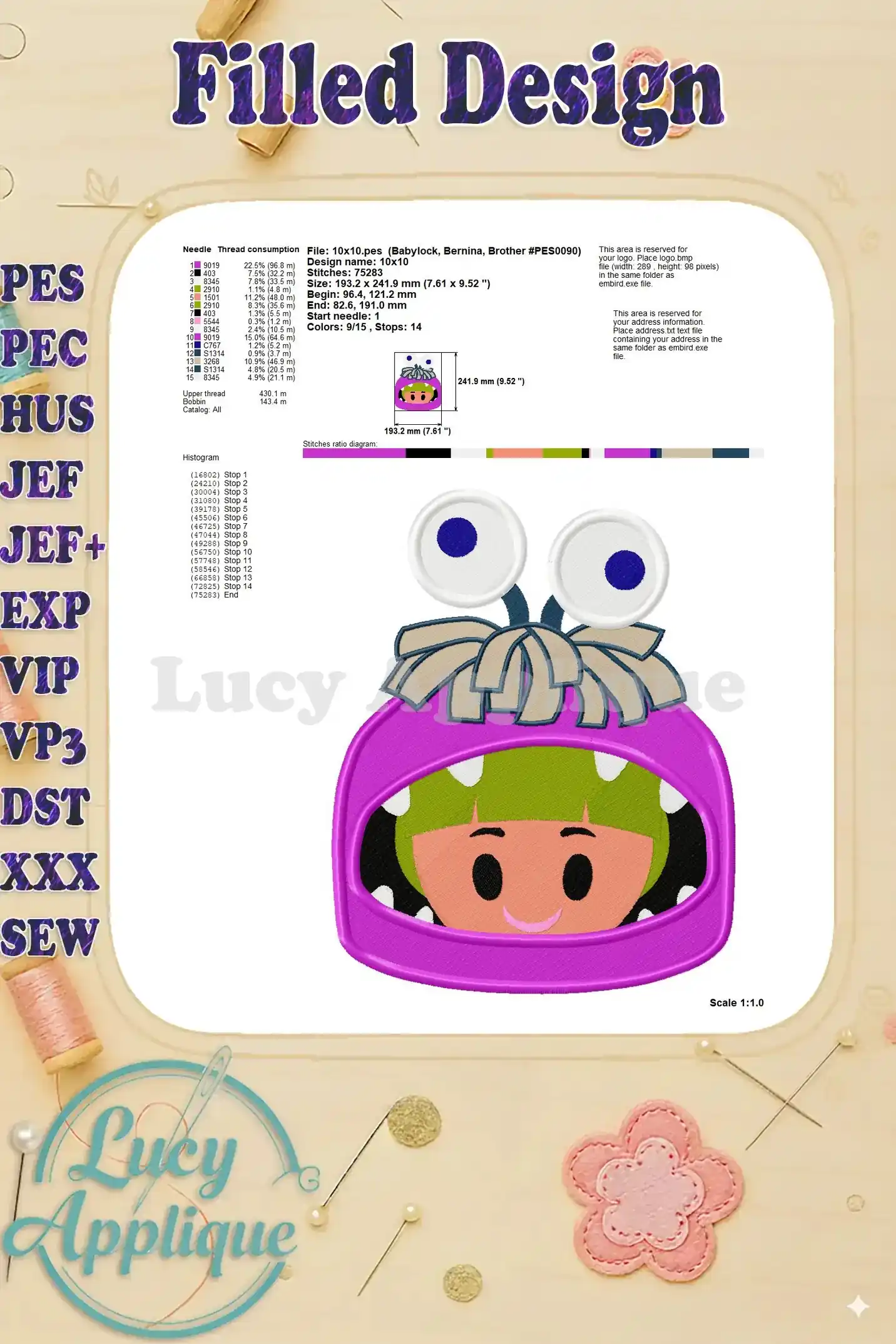 Needle thread consumption chart and other essential information for the embroidery design, including size and stitch count. Helpful for planning your project!