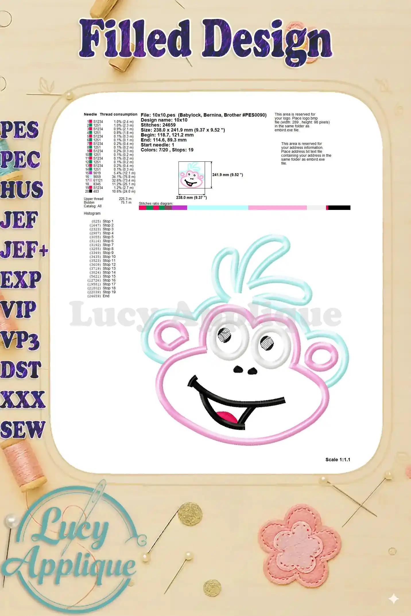 Detailed information on needle size, thread consumption, stitch diagram, and other relevant information for the Boots applique embroidery design.