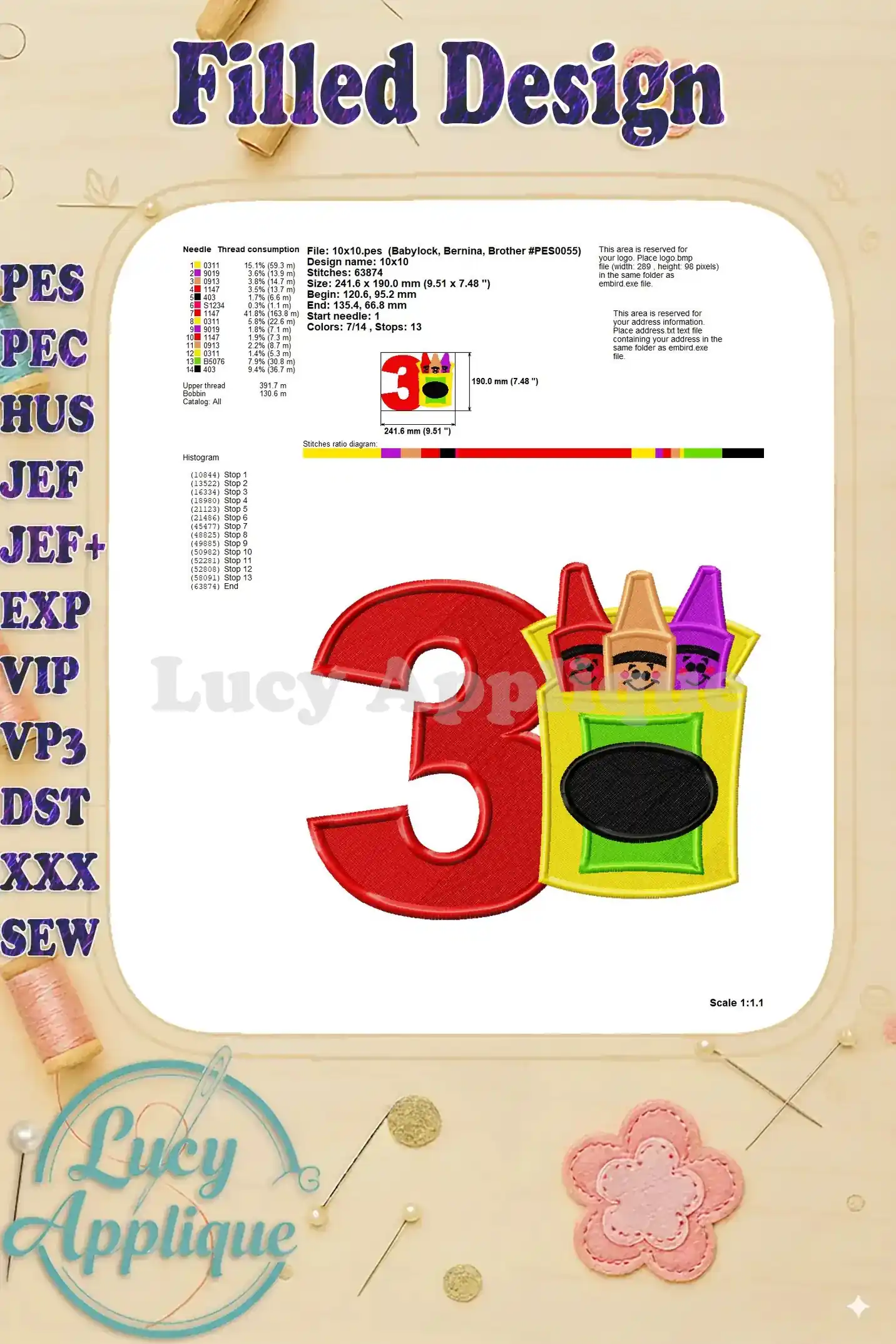 This image provides detailed information on the design's dimensions, stitch count, and thread usage, useful for planning your embroidery project.