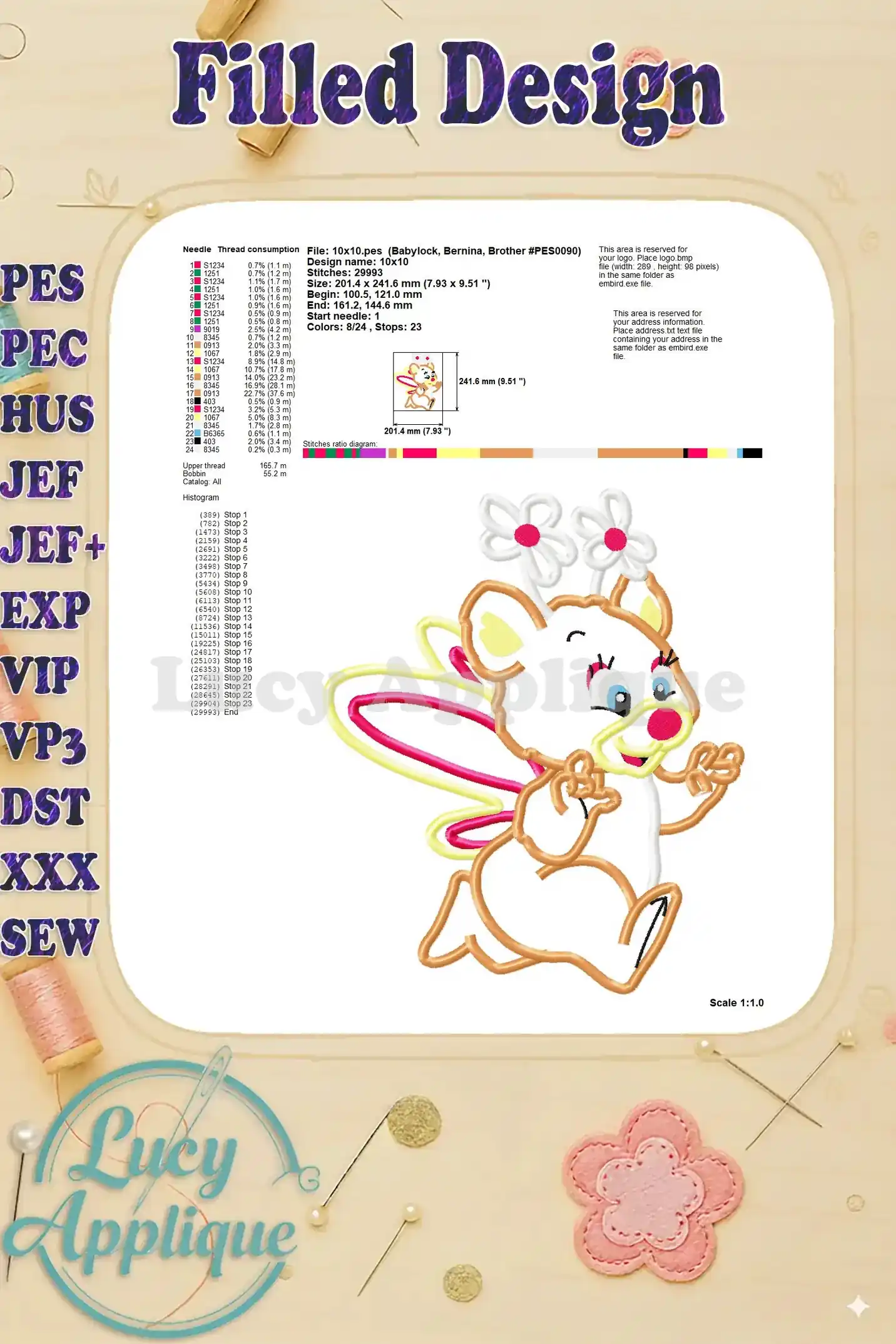 Detailed information on the filled design of Butterbear the Wuzzles applique, including thread consumption, stitch count, and other relevant details.