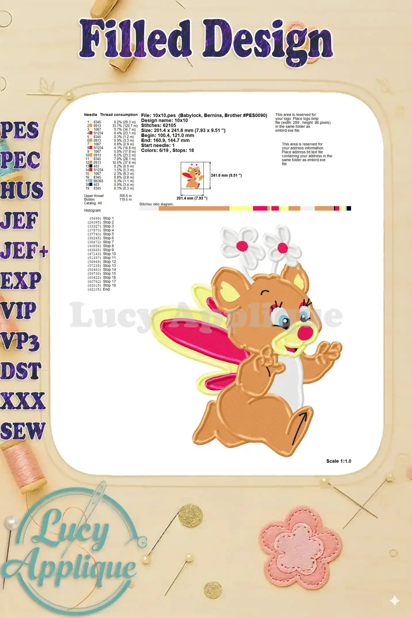 Close-up view of the Butterbear Wuzzles embroidery design, with details of stitching and thread usage, along with scale information. Helpful for understanding the design's complexity.
