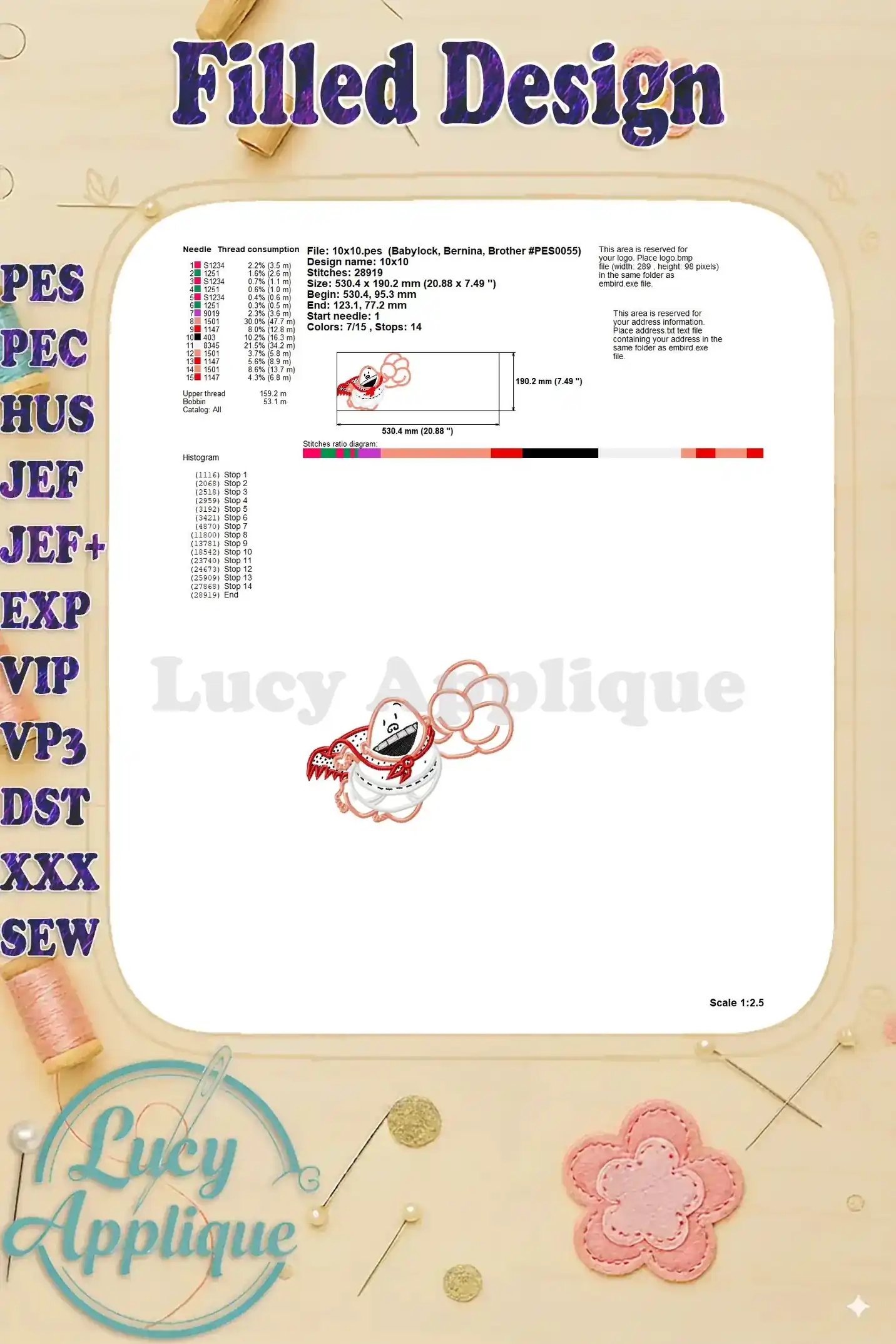 Additional details for the filled Captain Underpants applique design, including needle and thread information, design dimensions, and stitch count.