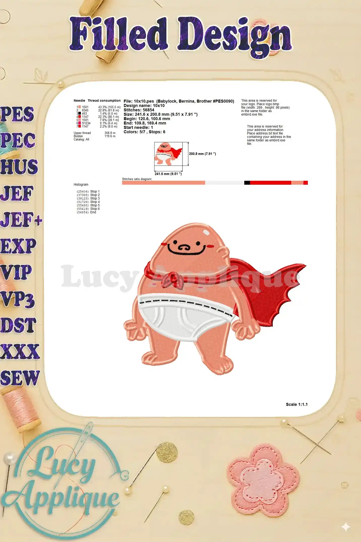 Detailed information on needle and thread requirements, stitch diagram, and other specifics for the Captain Underpants embroidery design.