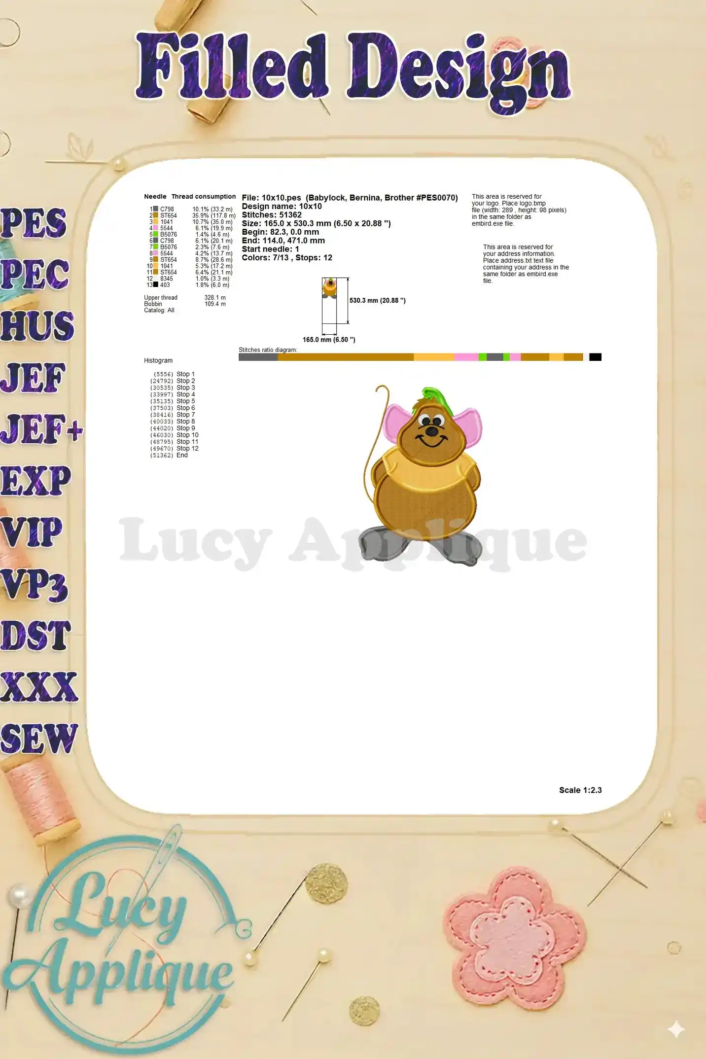 Needle and thread consumption information for the Gus Gus embroidery design, including details like fabric type and design size. Provides important project information.